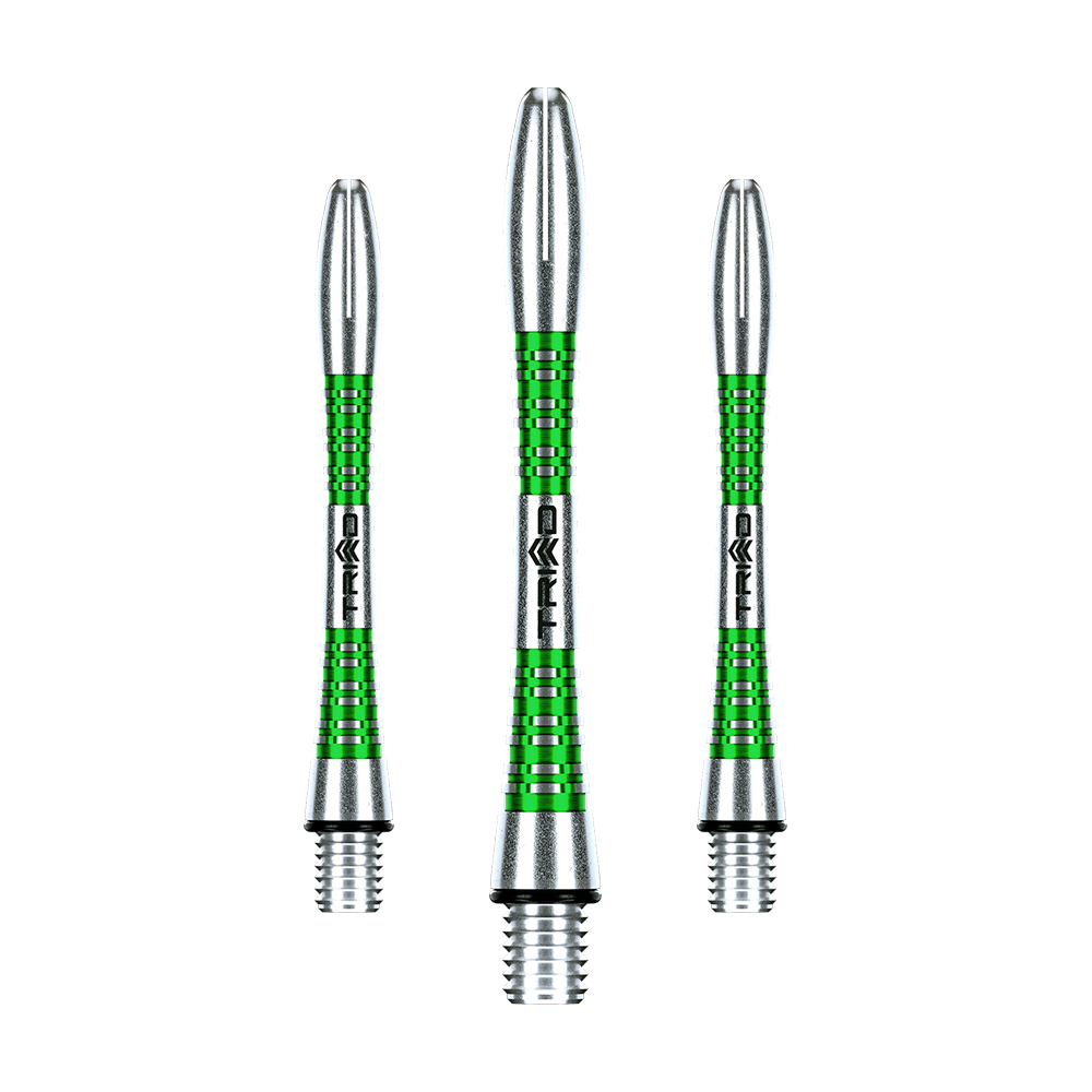 7013-403_Winmau_Triad_Aluminium_Shafts_Gr-n_41mm_1LUSPmNeAebMpS Das Bild zeigt drei grün-silberne Winmau Triad Aluminium Shafts für Dartpfeile. Die Shafts haben ein modernes, geriffeltes Design mit der Aufschrift "Triad".