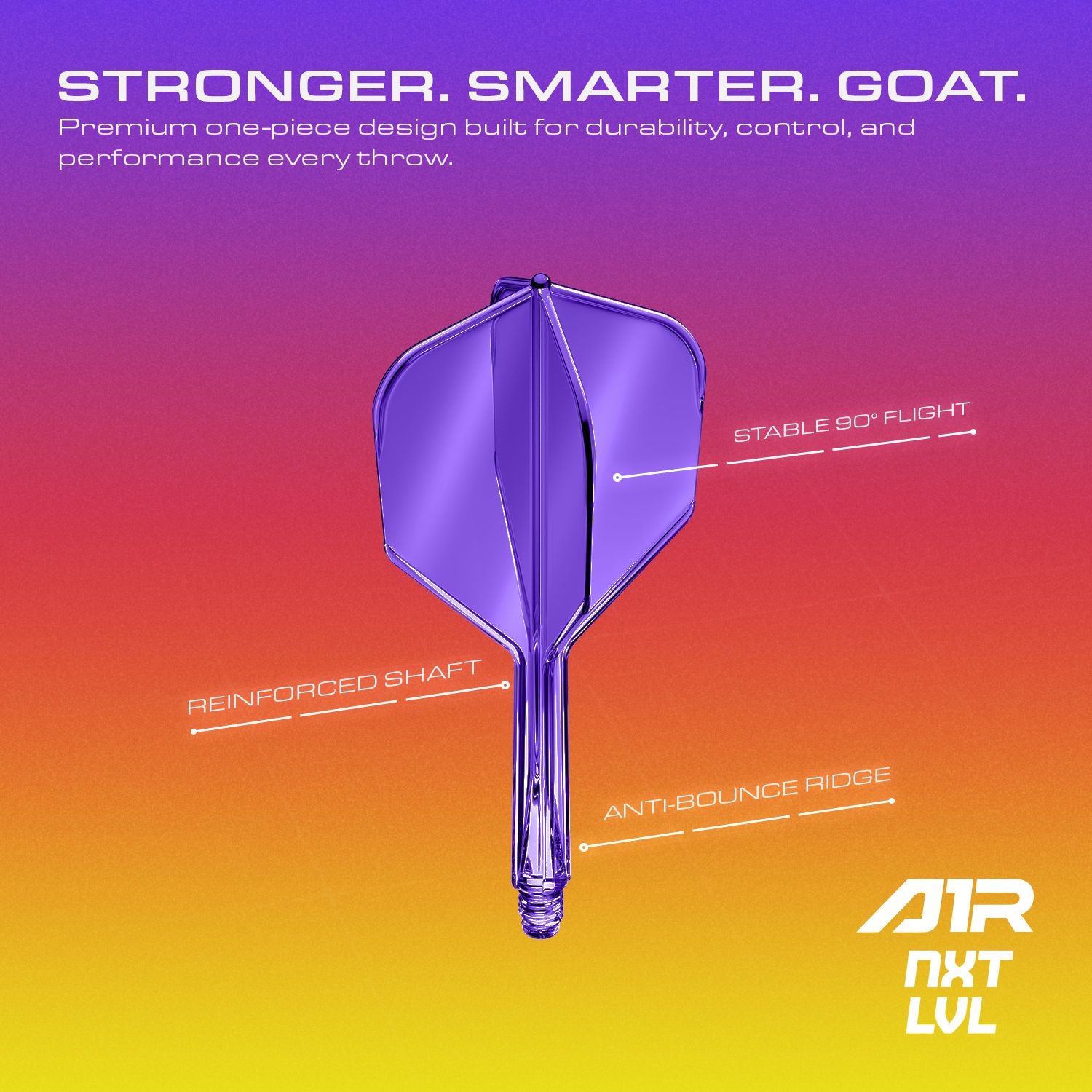 GOAT A1R No6 Flight Shaft System - Neon Purple Abgebildet ist das GOAT A1R No6 Flight-Shaft-System in leuchtendem Neon Lila. Es ist speziell für den Einsatz im Dartsport konzipiert.