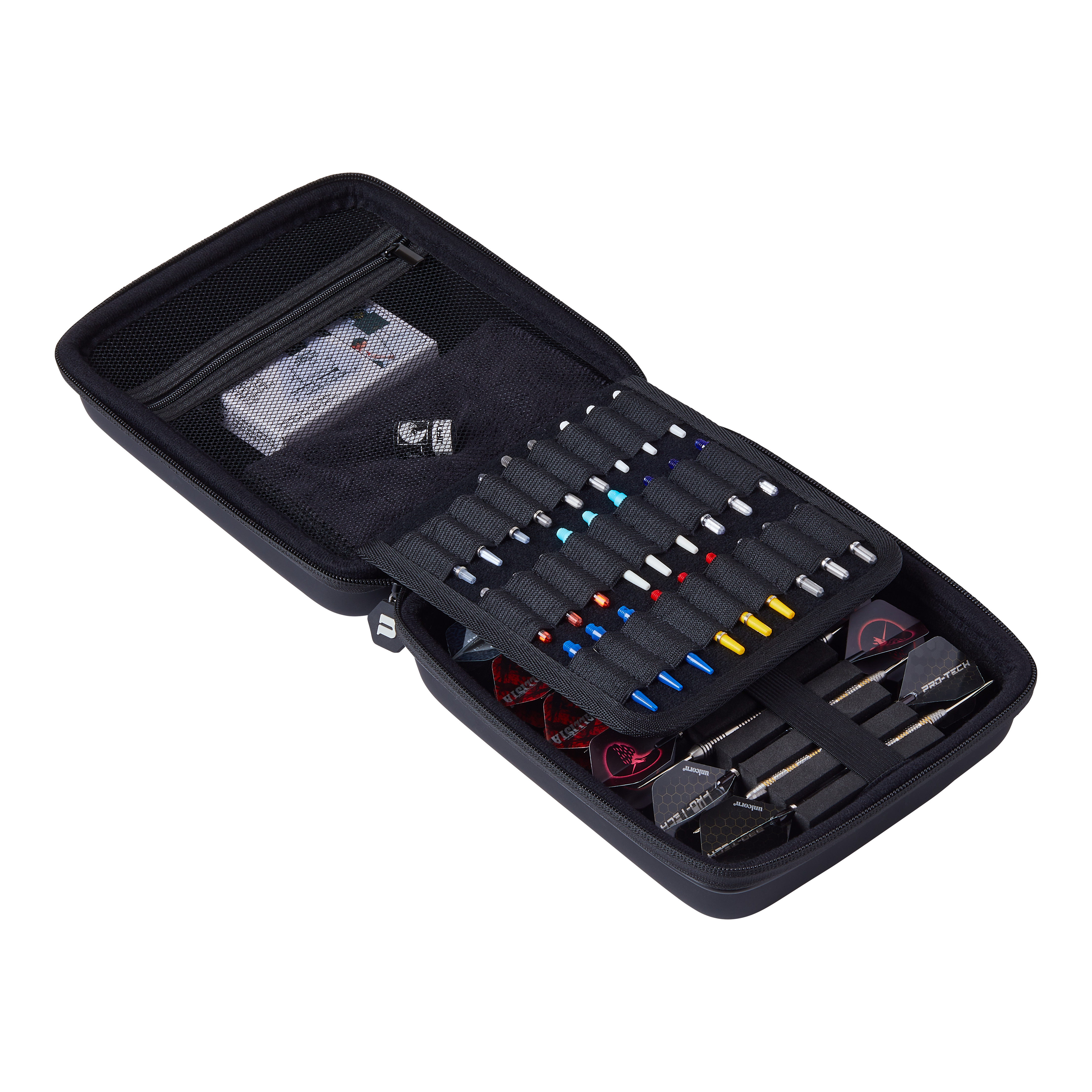 Unicorn Ultra 3UP Large Dart Case - Black Das Bild zeigt ein offenes schwarzes Dartcase namens "Unicorn Ultra 3UP Large Dartcase". Im Inneren sind verschiedene Dartpfeile, Ersatzteile und Zubehör ordentlich sortiert.