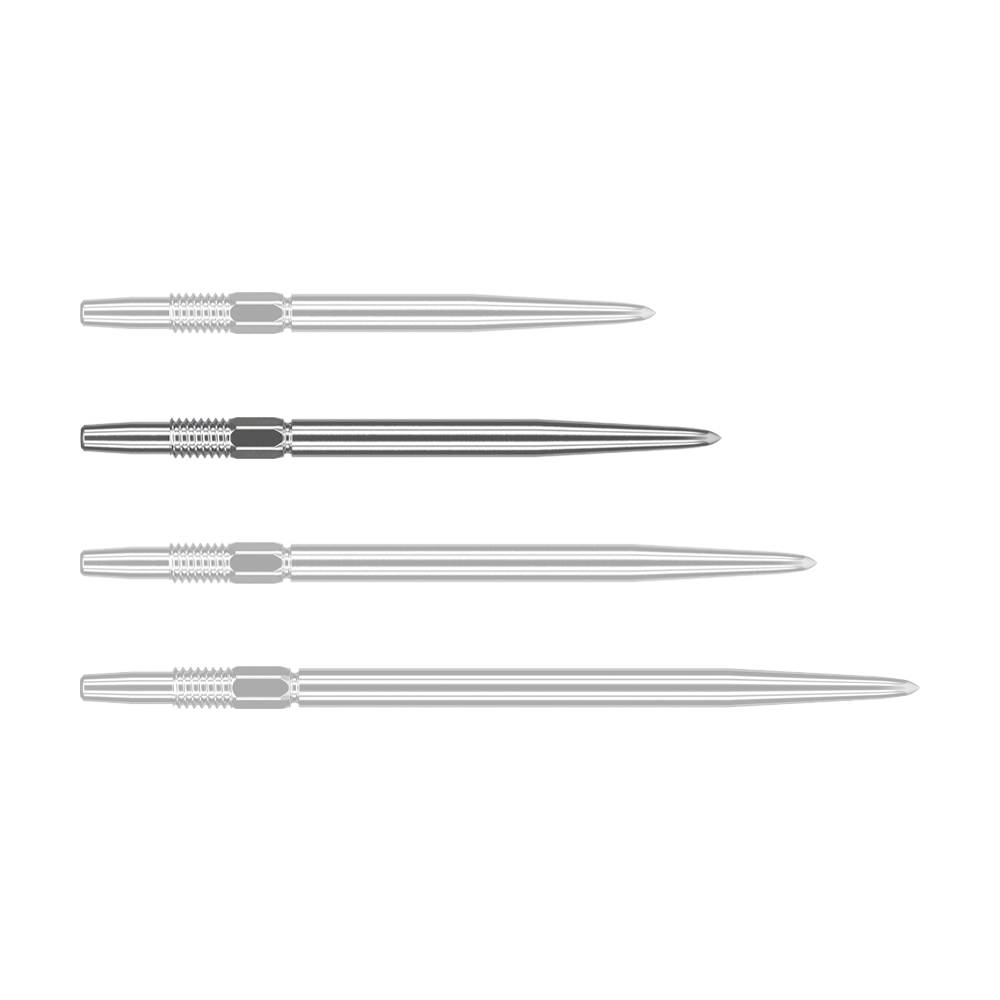 Target Swiss Point Silver dart tips Das Bild zeigt vier silberne Dartspitzen, die nebeneinander liegen. Sie sind lang, schmal und haben ein geriffeltes Stück am oberen Ende.