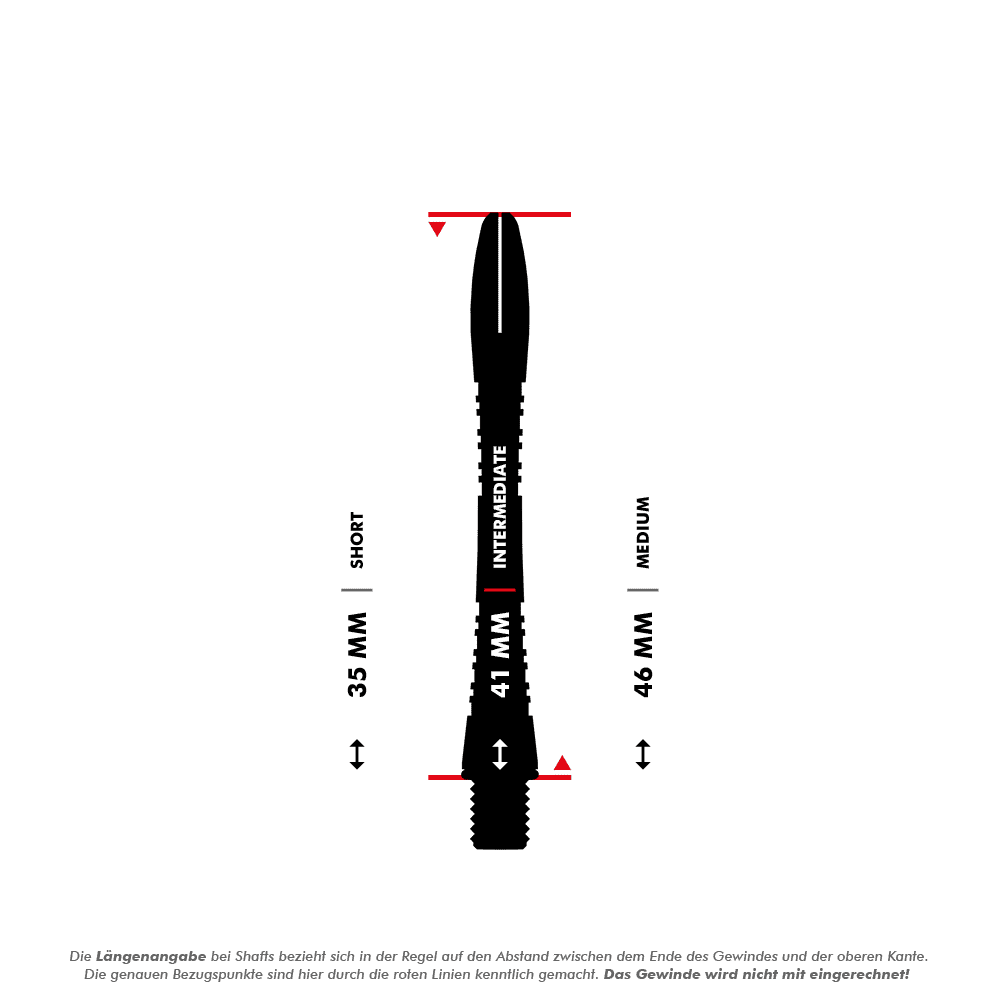Das Bild zeigt einen 41 mm langen Aluminiumschaft für Darts, der als "Intermediate" gekennzeichnet ist. Die rote Markierung deutet darauf hin, dass das Gewinde bei der Längenangabe nicht mit eingerechnet wird.