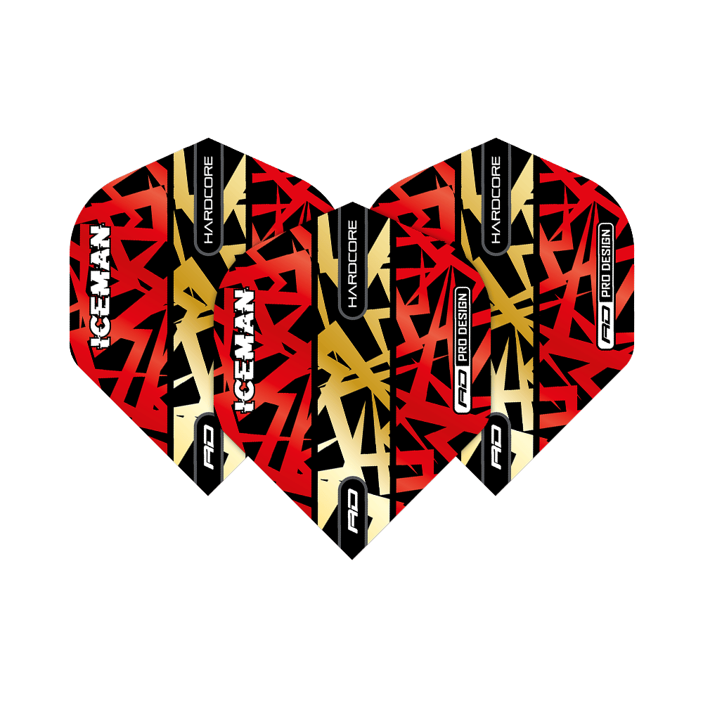 TF6871_Red_Dragon_Hardcore_Gerwyn_Price_Red_Gold_Premium_Standard_Flights_16m3HLGEJLmJy7 Das Bild zeigt drei Dartflights in den Farben Rot, Gold und Schwarz mit auffälligem Muster. Auf den Flights stehen die Wörter "ICEMAN", "HARDCORE" und "RD PRO DESIGN".