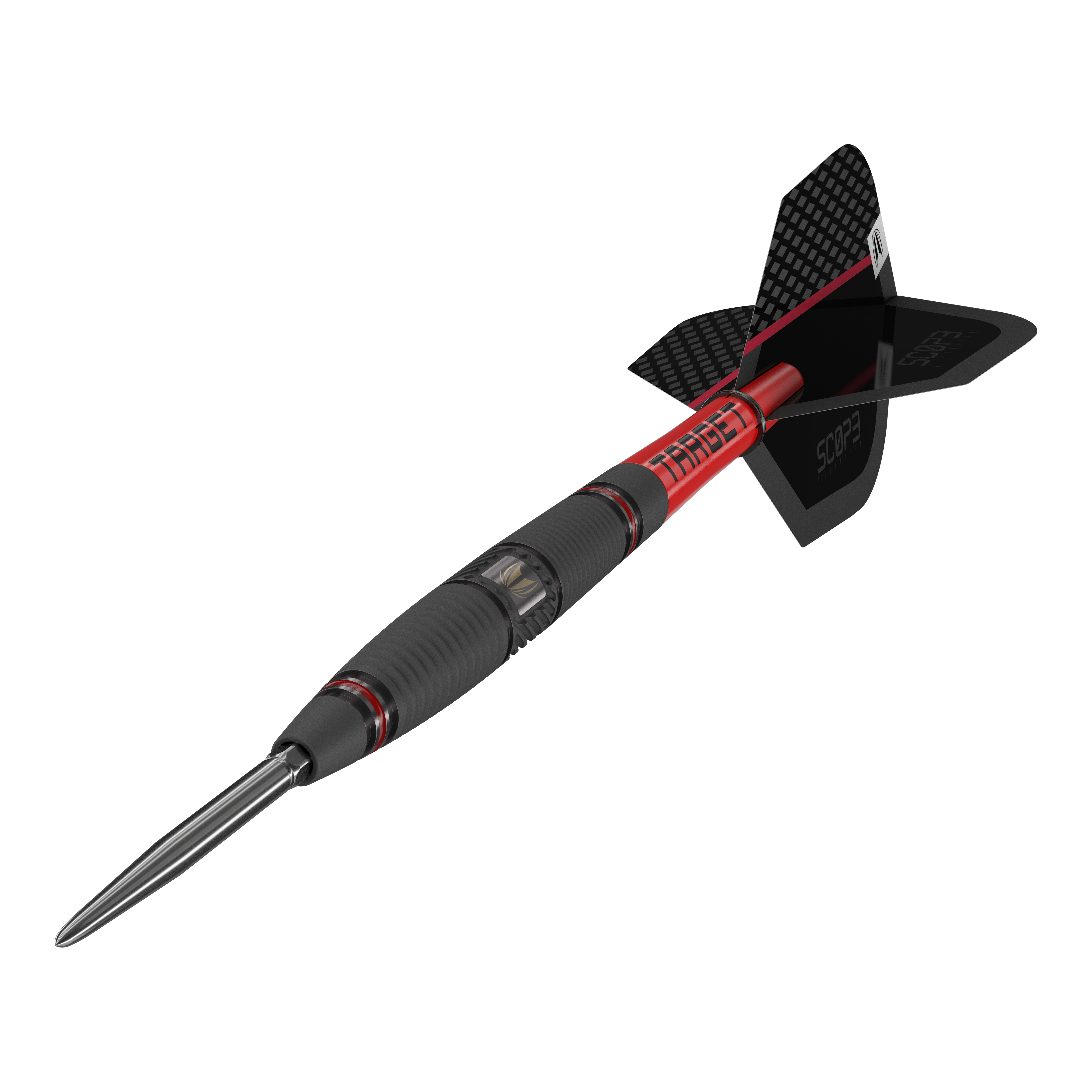 Target Scope 04 Swiss Point steel darts Das Bild zeigt den Target Scope 04 Swiss Point Steeldart. Der Dart hat ein schwarz-rotes Design mit geriffeltem Griff und einer metallischen Spitze.
