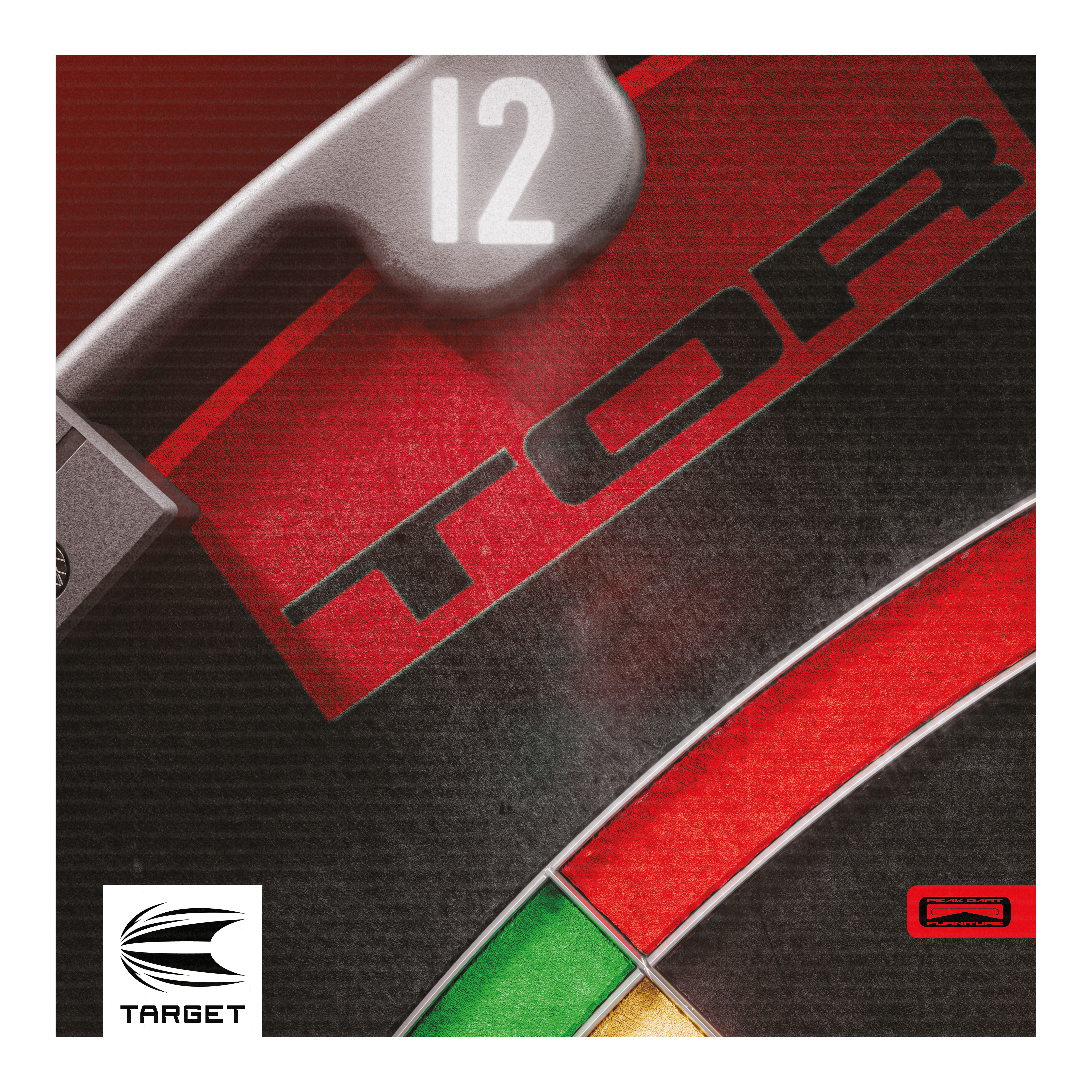 Das Bild zeigt einen Ausschnitt eines Steeldartboards mit der Zahl 12 und farbigen Segmenten. Unten links ist das Target-Logo zu sehen.