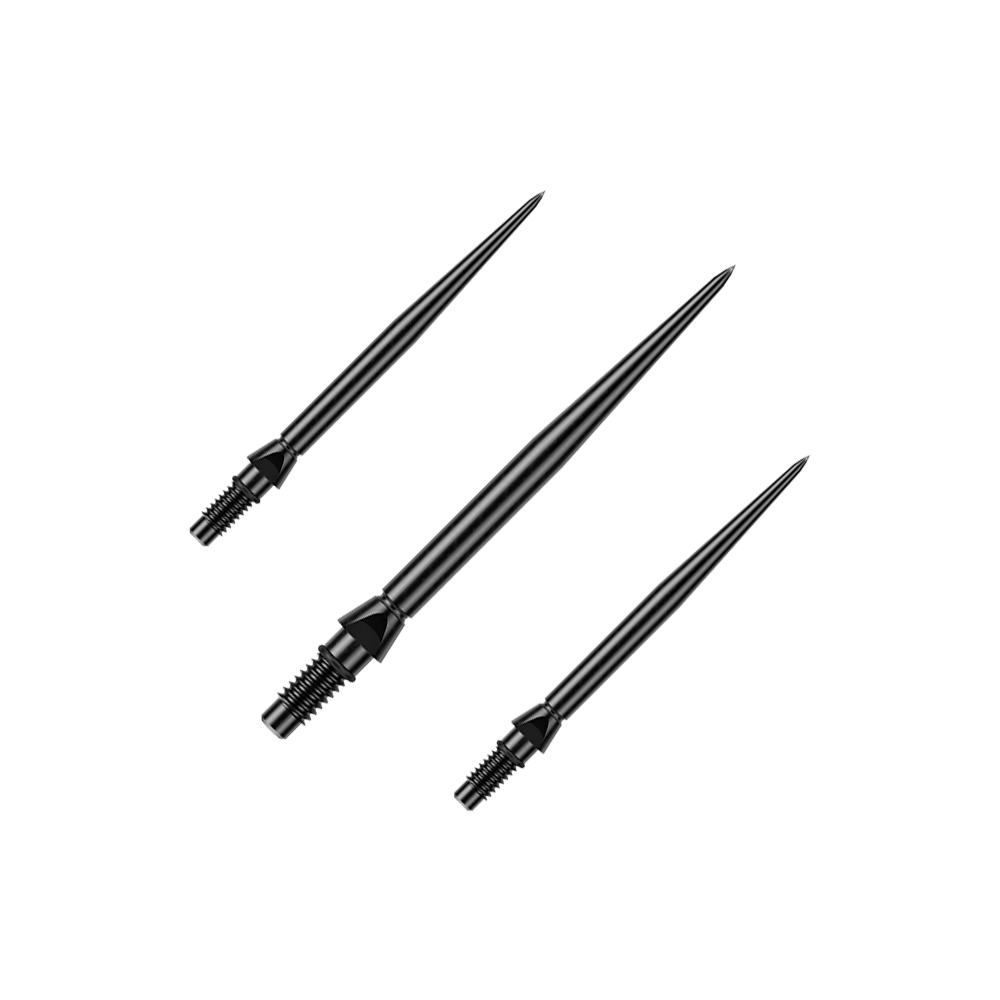 Auf dem Bild ist ein Set schwarzer glatter Steeldartspitzen von Winmau zu sehen. Die Spitzen sind 26mm lang.