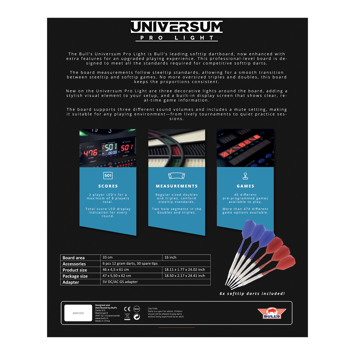 Bulls NL Universum Pro Light Electronic Dartboard - Blue Red Auf dem Bild ist das Bulls NL Universum Pro Light Elektronisches Dartboard - Blau Rot zu sehen. Es eignet sich perfekt für Darts-Spiele zu Hause.