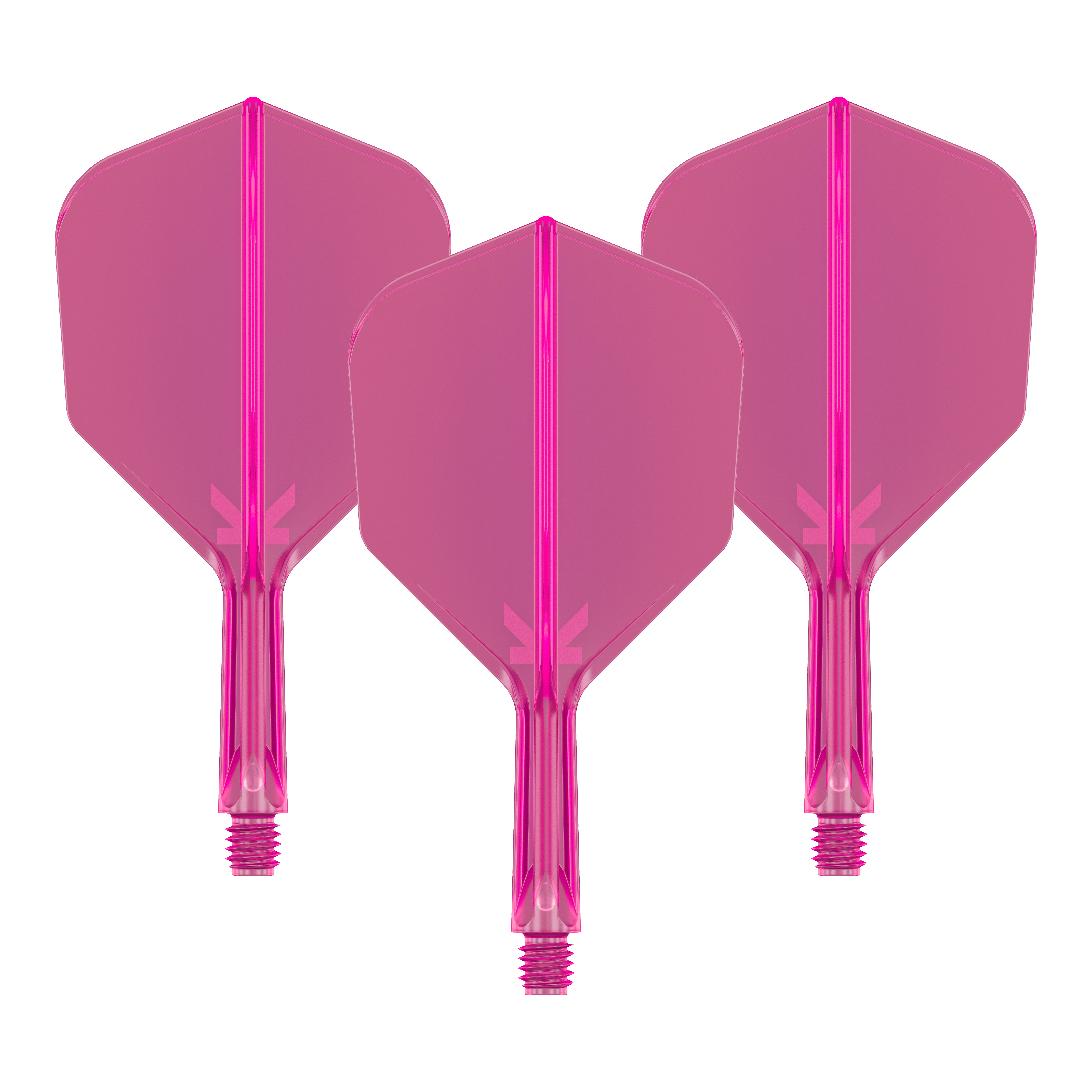 Target K-Flex No6 Flight System - Neon Pink Das Bild zeigt drei neonpinke Dart-Flights mit angesetzten Schäften. Sie sind nebeneinander angeordnet und haben ein transparentes Design.