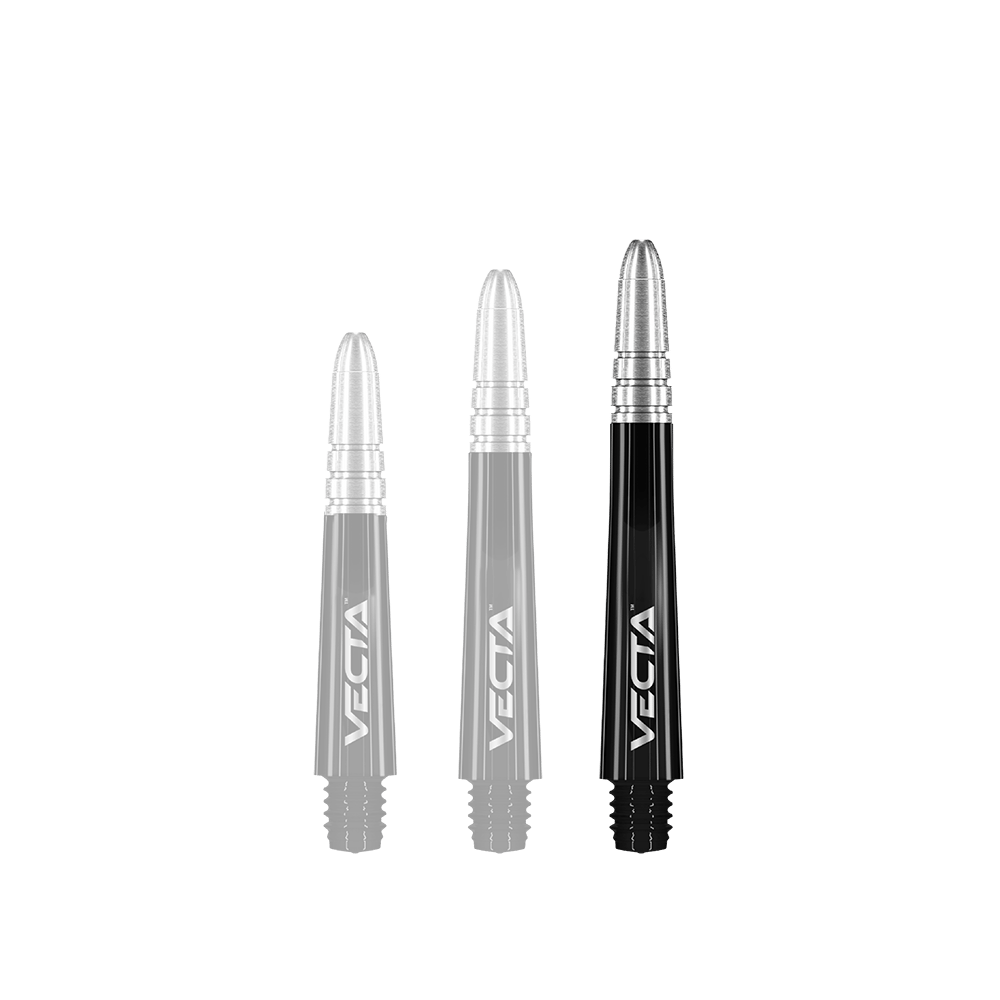 Winmau Vecta Shafts - Schwarz Silber Auf dem Bild sind drei schwarze und silberne Dartschäfte der Marke Vecta zu sehen. Sie haben eine glänzende Oberfläche und sind jeweils mit dem Schriftzug "VECTA" versehen.