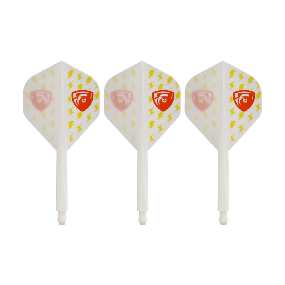 Condor AX Thunderbolt White Flight System - Standard Das Bild zeigt drei weiße Dartflights des Condor AXE Thunderbolt White Flight-Systems in Standardform. Die Flights sind mit gelben Blitzen und einem roten Schild-Logo verziert.
