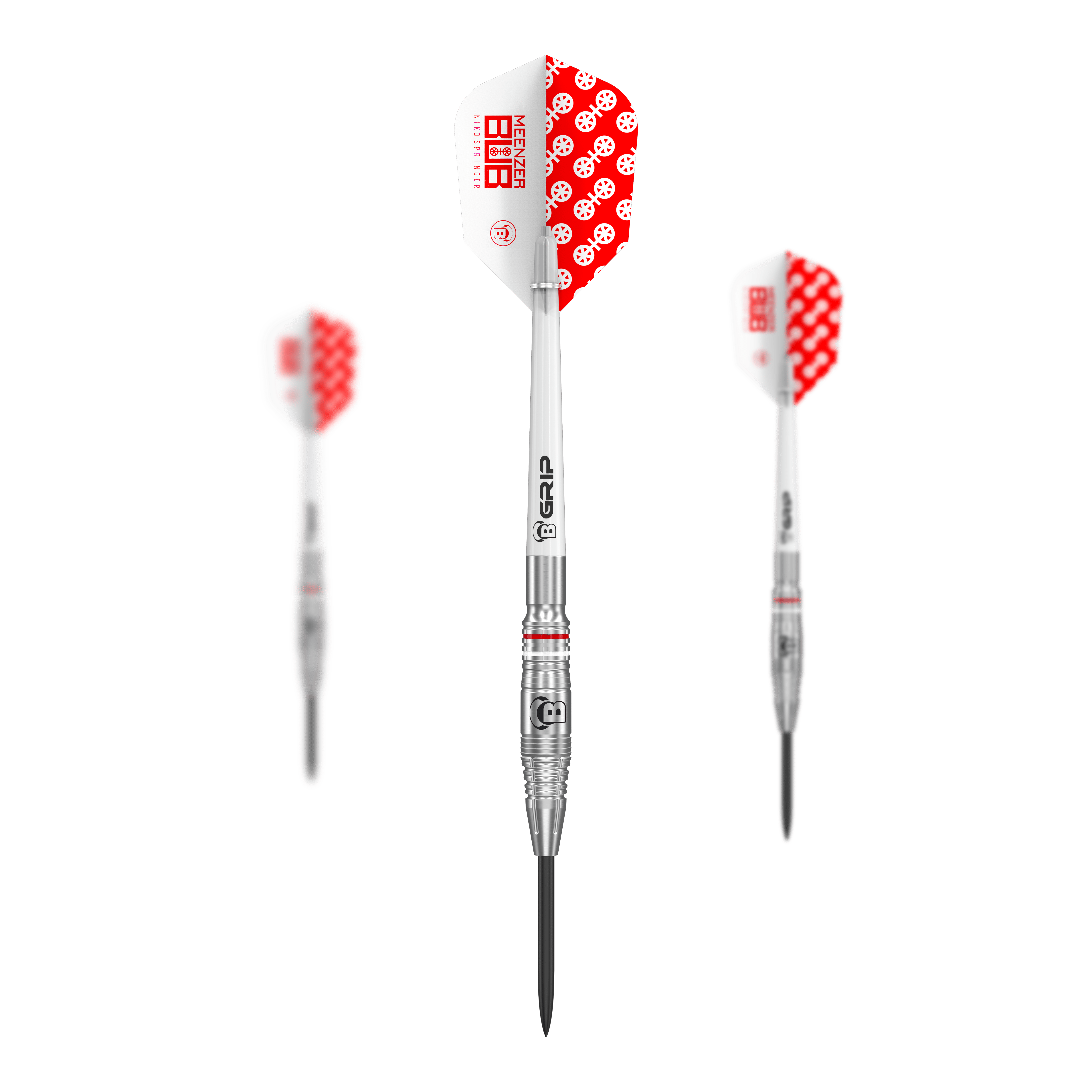Bulls Niko Springer steel darts Das Bild zeigt drei Bulls Niko Springer Steeldarts mit silbernem Schaft und weiß-rotem Flight. Die Flights sind mit einem roten Muster und Schriftzug versehen.