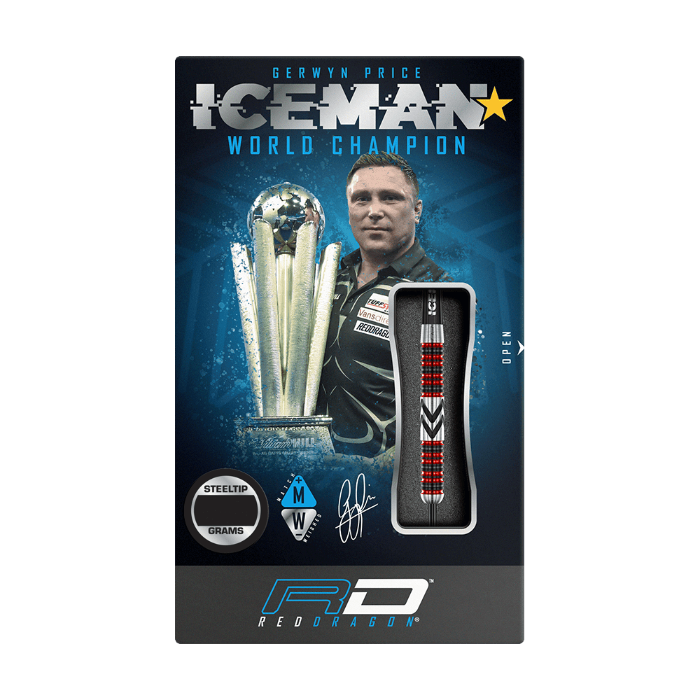RD2567_Red_Dragon_Gerwyn_Price_Firebird_Steeldarts_3 Das Bild zeigt die Verpackung der "Red Dragon Gerwyn Price Firebird Steeldarts". Auf der Verpackung sind ein Dartpfeil, ein Pokal und ein Porträt von Gerwyn Price abgebildet.
