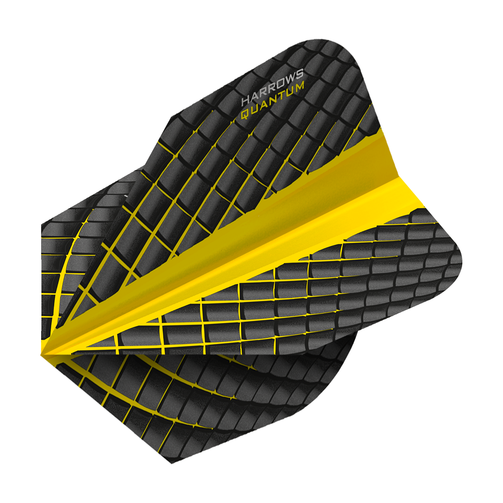 HR6809_Harrows_Quantum_Gelb_No6_Flights_2 Das Bild zeigt das Produkt "Harrows Quantum Gelb No6 Flights". Es ist ein Dartflight in Schwarz mit gelben Linien und einem auffälligen gelben Streifen.