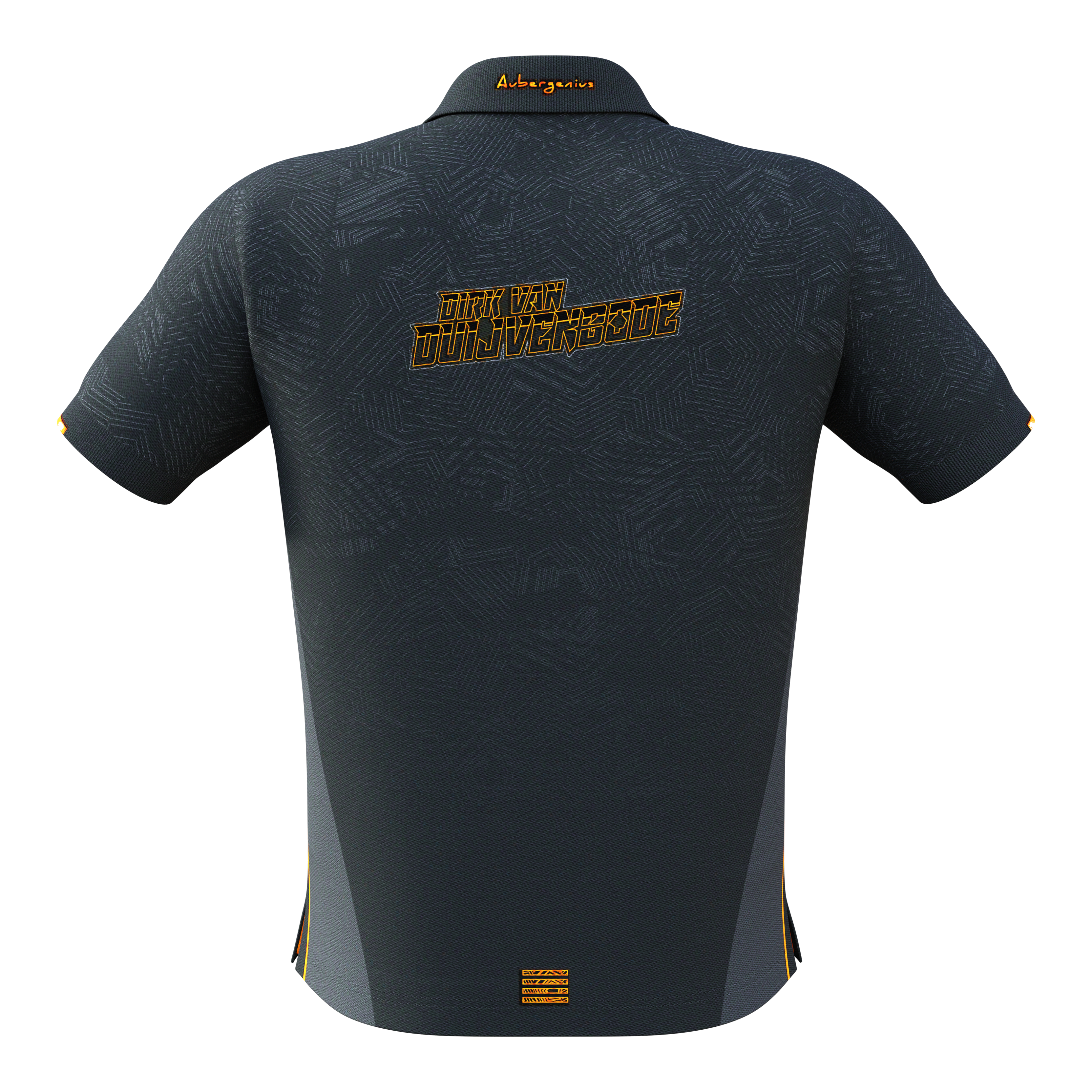 Bulls NL Dirk Van Duijvenbode match shirt 2025 Das Bild zeigt das Bulls NL Dirk Van Duijvenbode Matchshirt 2025 von hinten. Auf dem Rücken steht der Name "Dirk Van Duijvenbode" in gelber Schrift.