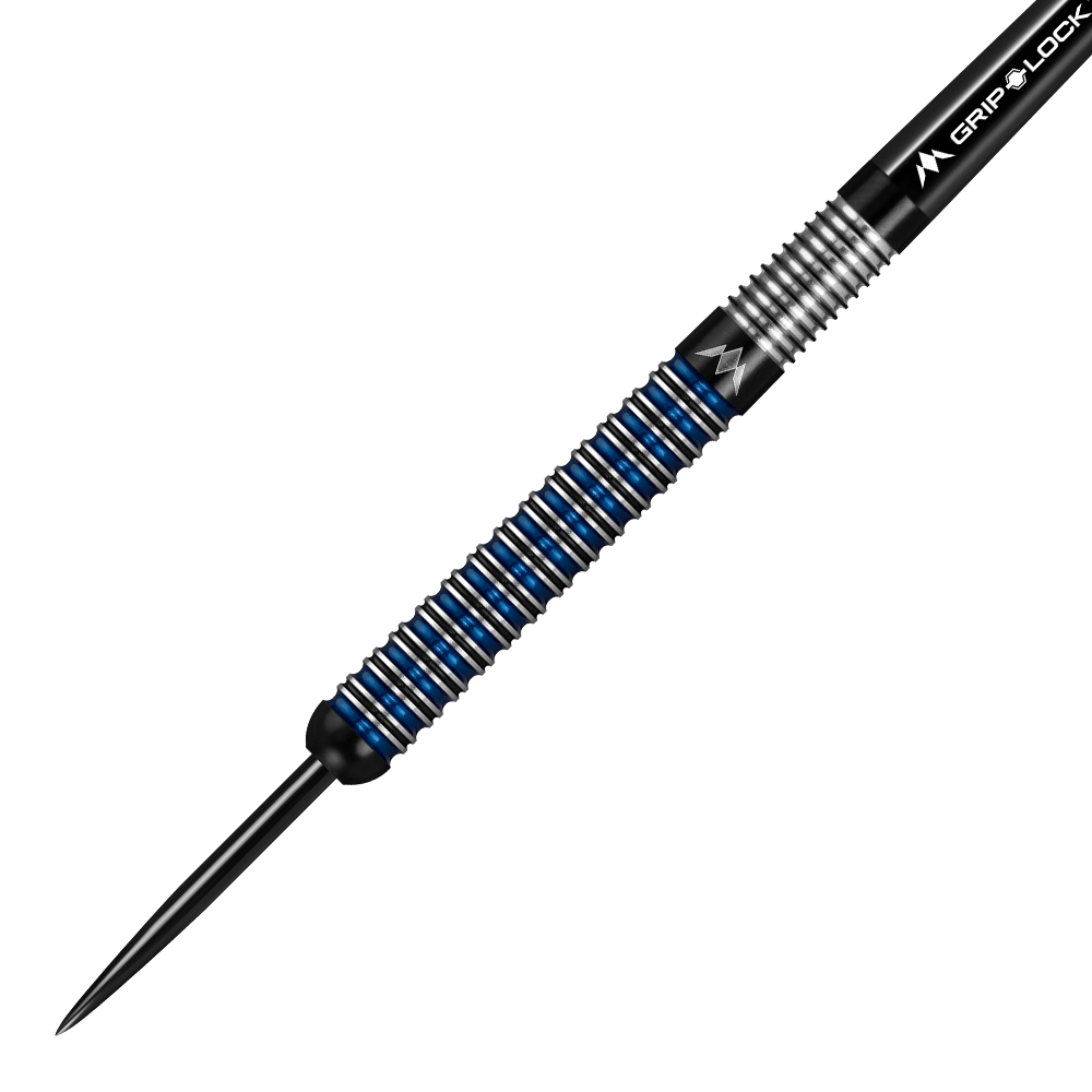 Mission Nightfall Model 1 steel darts Das Bild zeigt einen Mission Nightfall Model 1 Steeldart. Der Dart hat ein modernes Design mit silbernen und blauen Ringen am Barrel.