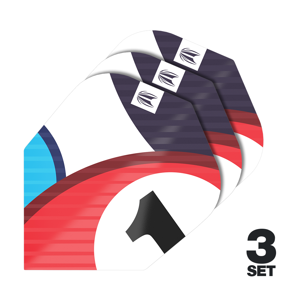 Target Pro Ultra Chicane Blue No6 Flights - 3 Sets Das Bild zeigt drei Sets von Target Pro Ultra Chicane Blue No6 Flights für Darts. Auf den Flights sind rote, blaue und schwarze Designelemente sowie die Zahl 1 zu sehen.