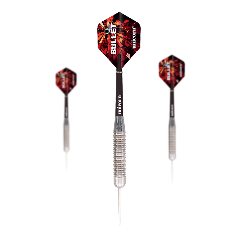 Unicorn Bullet Gary Anderson Steeldarts - 22g Das Bild zeigt drei Steeldarts des Modells "Unicorn Bullet Gary Anderson - 22g". Die Darts haben silberne Spitzen, geriffelte Griffe und rot-schwarze Flights mit der Aufschrift "BULLET".
