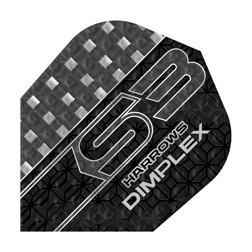 Harrows Dimplex S3 Flights - Smokey Das Bild zeigt ein Harrows Dimplex S3 Dart-Flight in der Farbe Smokey. Das Flight hat ein modernes, strukturiertes Design mit silbernen und schwarzen Mustern sowie der Aufschrift „S3 Harrows Dimplex“.