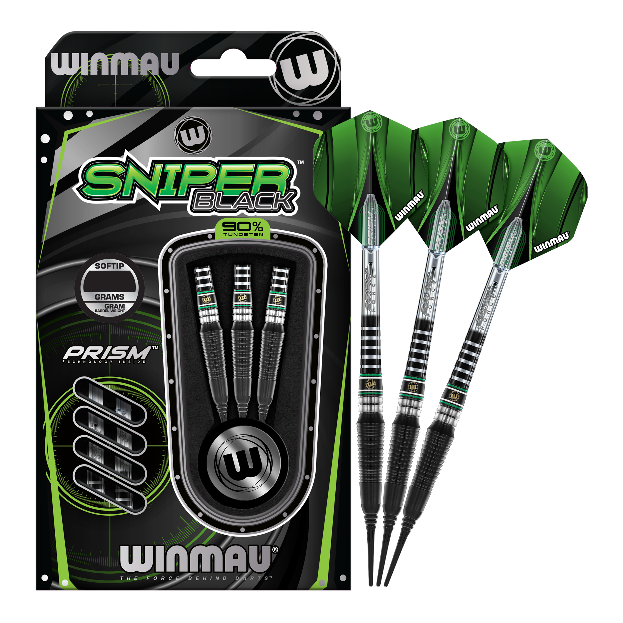 Winmau Sniper Black 2025 soft darts - 20g Das Bild fokussiert einen einzelnen Winmau Sniper Black 2025 Softdart - 20g. Schwarz glänzende Oberfläche.