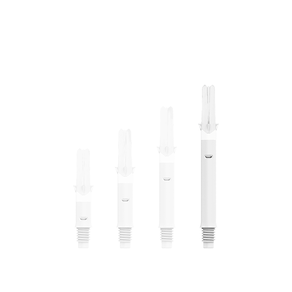 L-L-Style-Shafts Silent Straight - White Auf dem Bild sind vier weiße Dartschäfte in unterschiedlichen Längen zu sehen. Sie stehen nebeneinander vor einem weißen Hintergrund.