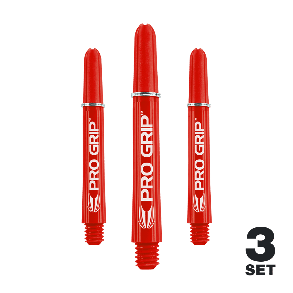 Target Pro Grip Shafts - 3 Sets - Red Auf dem Bild sind drei rote PRO GRIP Shafts für Darts zu sehen. Unten rechts steht "3 SET," was darauf hinweist, dass es sich um ein Set mit drei Stück handelt.