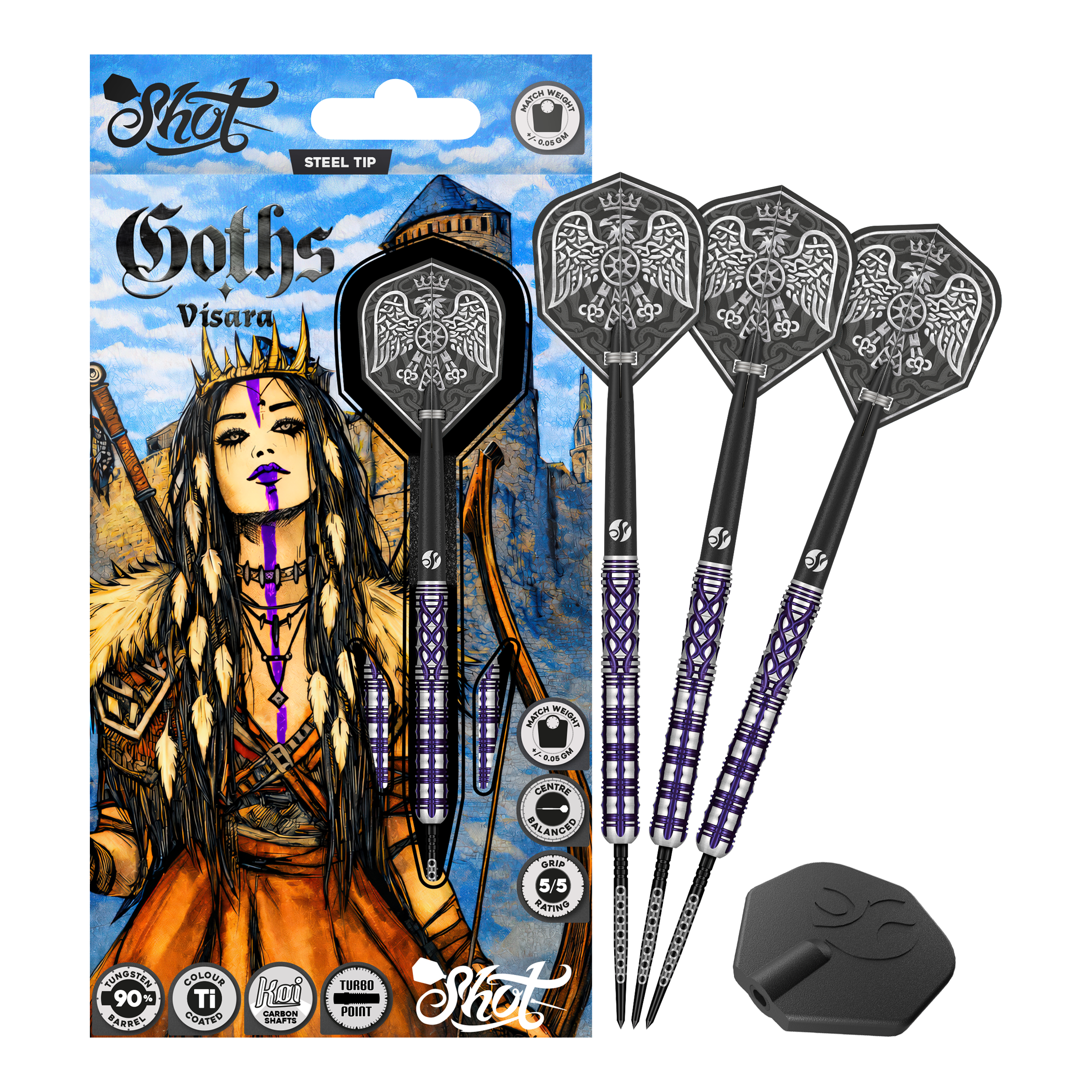 Shot Goths Visara Turbo Point Steel Darts - 23g Das Produkt zeigt die Shot Goths Visara Turbo Point Steeldarts - 23g in voller Ansicht. Diese Steeldarts stehen für Qualität und Zuverlässigkeit beim Dartspiel.