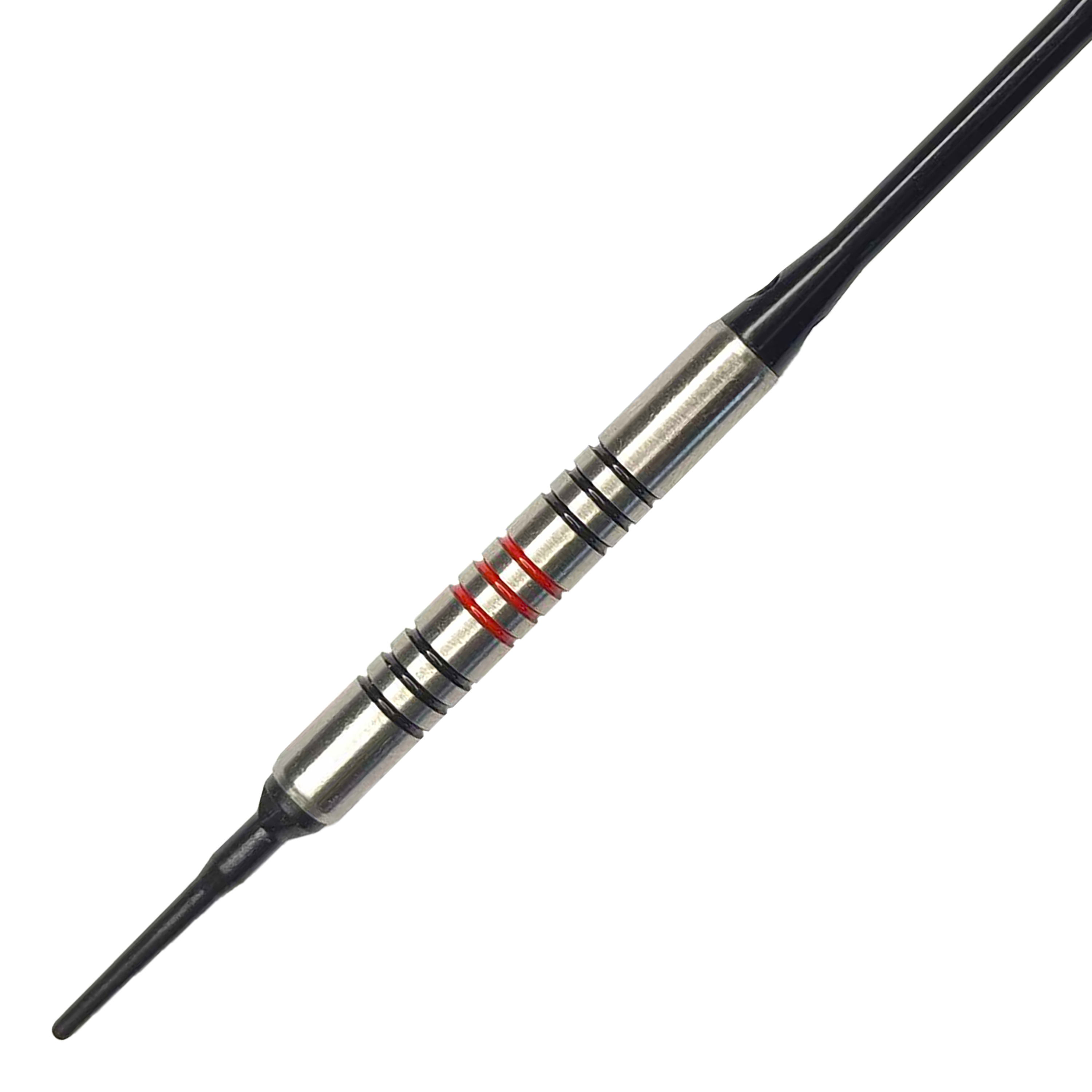 McDart 85 Tungsten V11 Soft Darts - 17.5g Dies ist ein McDart 85er Tungsten V11 Softdart mit einem Gewicht von 17,5g. Der Dart hat einen silbernen Körper mit schwarzen und roten Ringen.