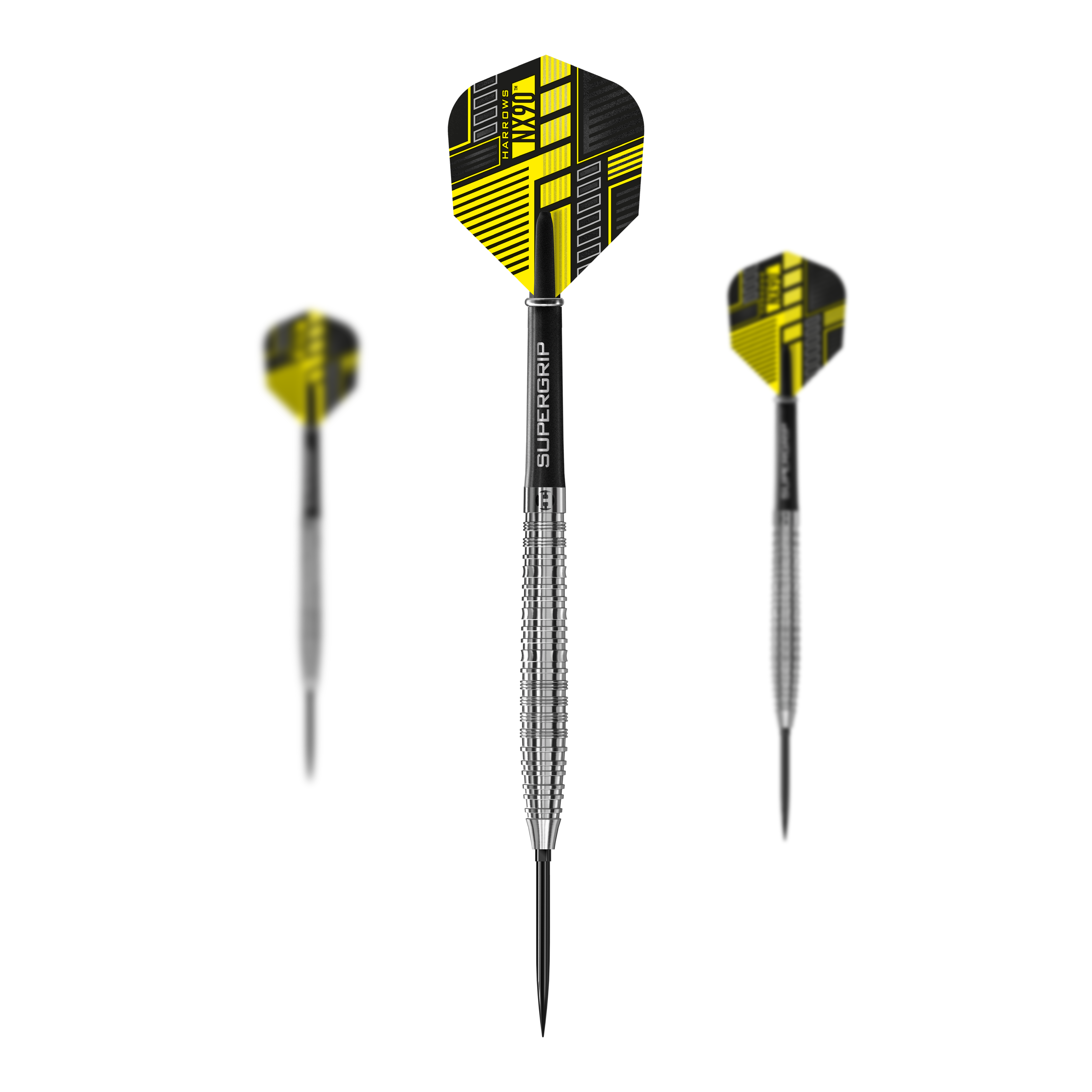 Das Bild präsentiert ein Set der Harrows NX90 Tapered Quick Point Steeldarts. Die Darts sind hochwertig verarbeitet und robust.