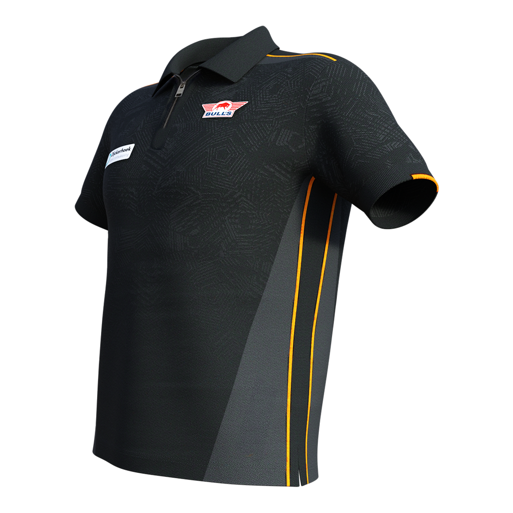 Bulls NL Dirk Van Duijvenbode match shirt 2025 Dieses Bild zeigt das Bulls NL Dirk Van Duijvenbode Matchshirt 2025. Das Shirt ist überwiegend schwarz mit gelben Akzenten und besitzt einen kurzen Reißverschluss am Kragen.