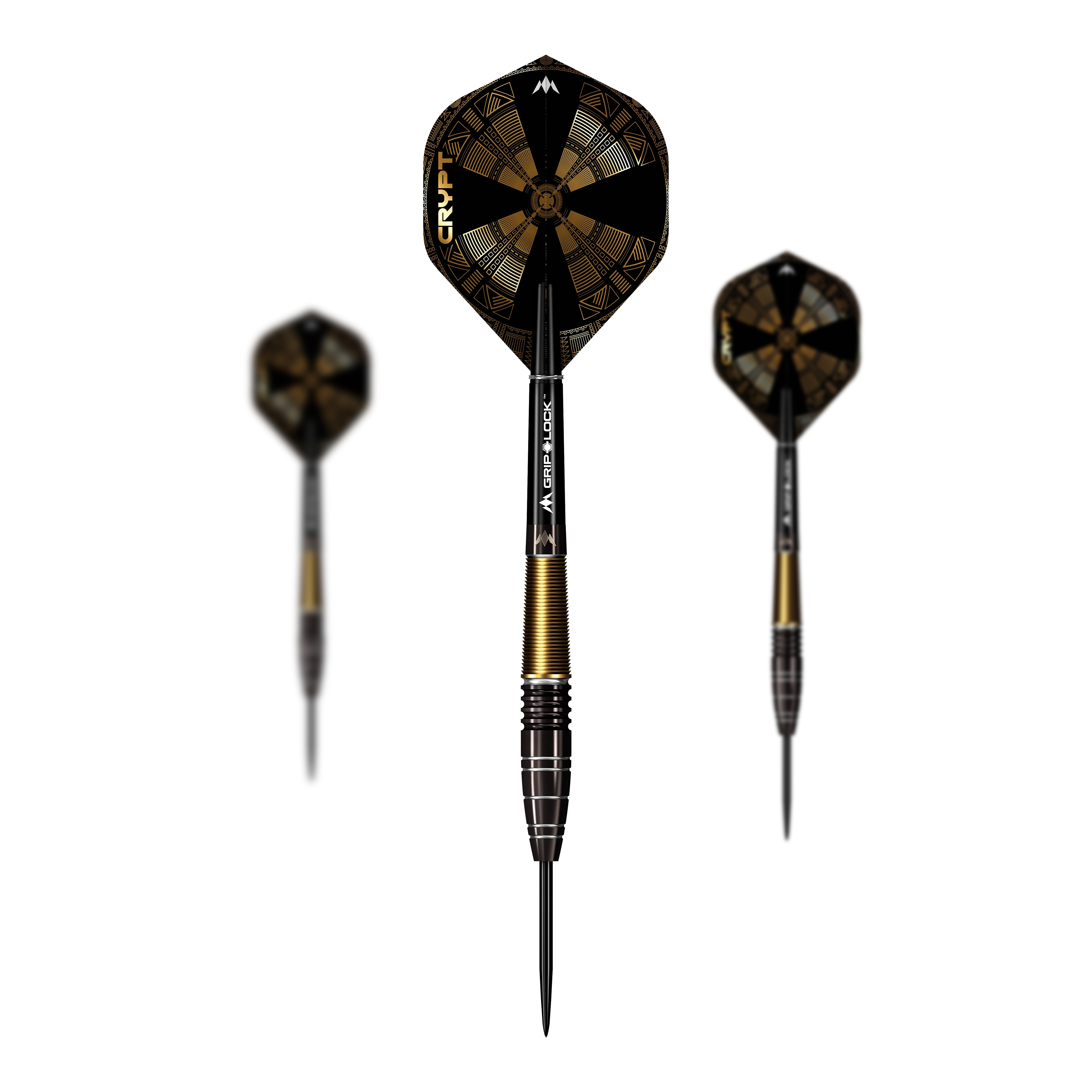Mission Crypt Model 1 Steel Darts - 22g Die Abbildung zeigt drei Steeldarts des Modells "Mission Crypt Model 1" mit einem Gewicht von 22g. Die Darts sind schwarz-golden gestaltet und haben ein modernes, geometrisches Flight-Design.