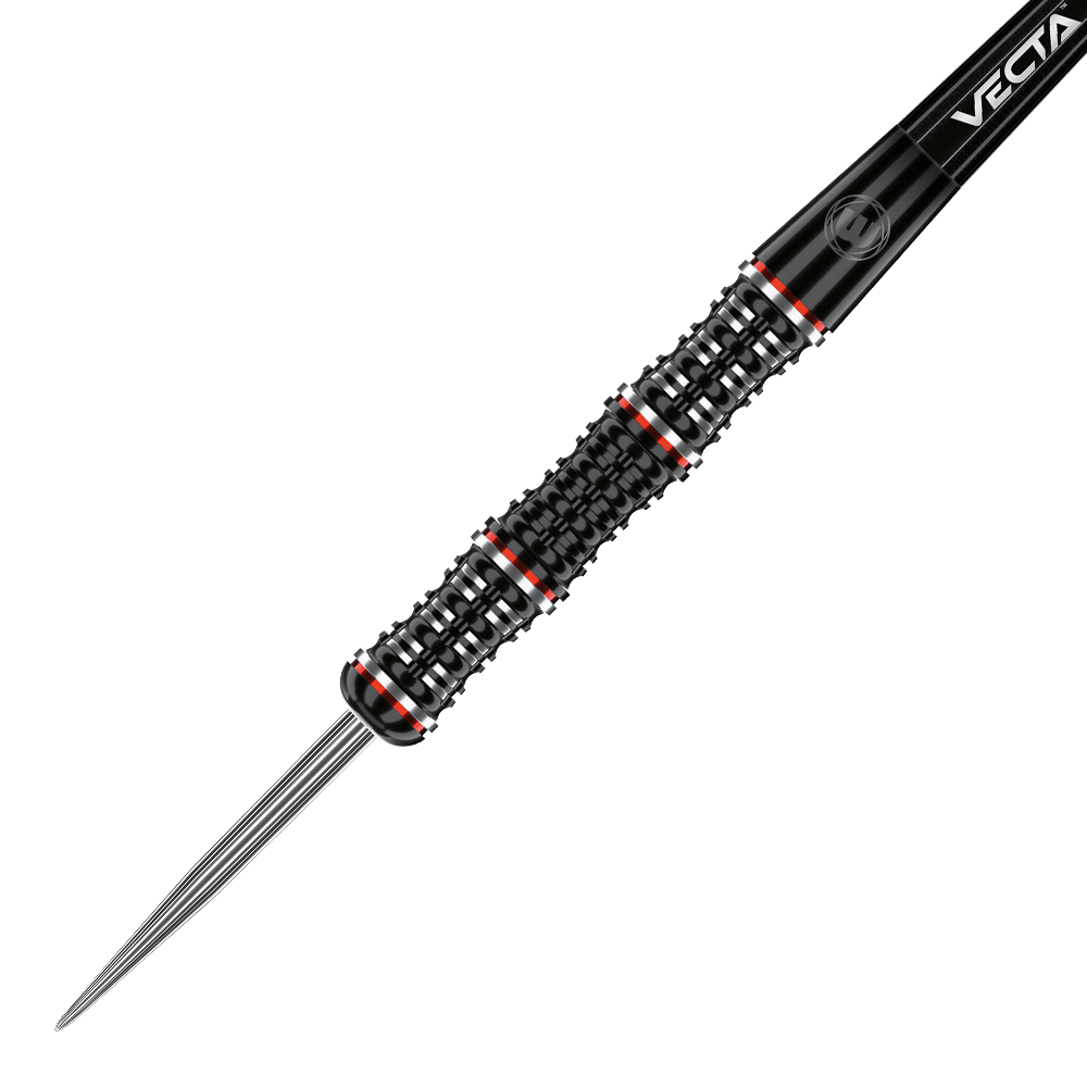 1461_Winmau_Mervyn_King_Special_Edition_Steeldarts_2 Auf dem Bild ist ein Winmau Mervyn King Special Edition Steeldart zu sehen. Der Dartpfeil hat ein schwarzes Griffstück mit roten und silbernen Akzenten.
