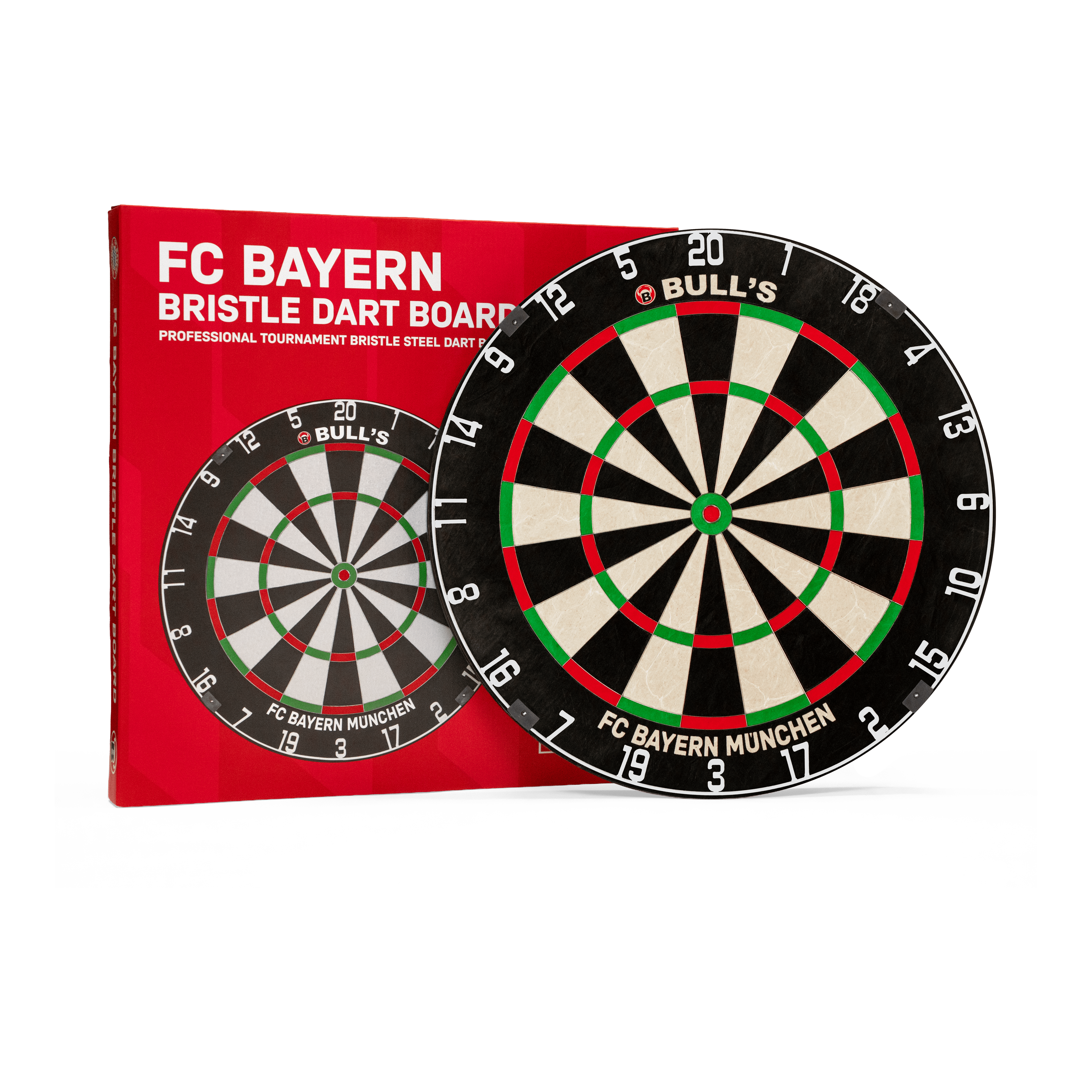 Bulls FC Bayern Munich Bristle steel dartboard Das Bild präsentiert das Bulls FC Bayern München Bristle Steeldartboard. Es handelt sich um ein Steeldartboard mit FC Bayern München Logo.