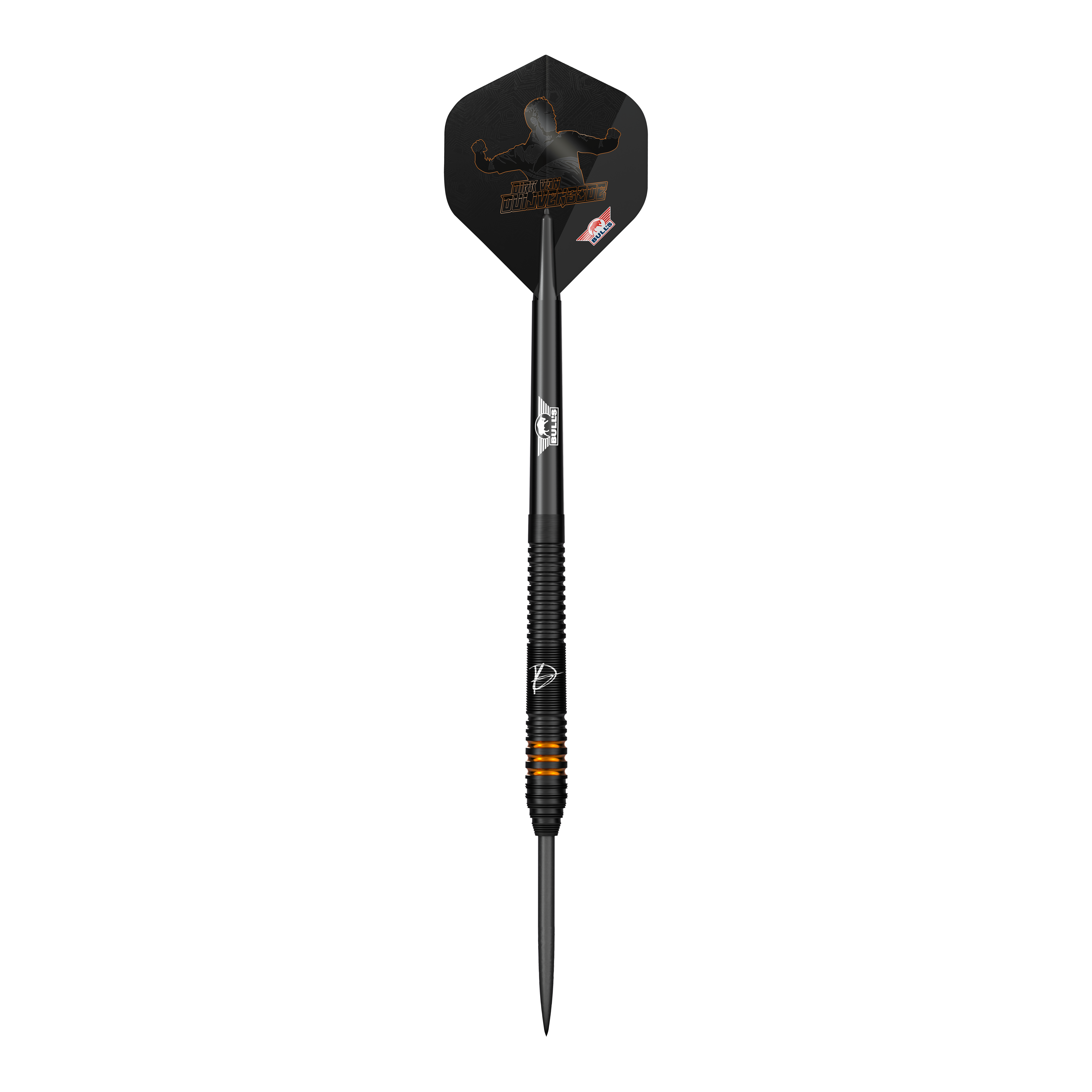 Bulls NL Dirk Van Duijvenbode Edition 2 steel darts Auf dem Bild ist ein Steeldart aus der Serie "Bulls NL Dirk Van Duijvenbode Edition 2" zu sehen. Der Dart ist überwiegend schwarz mit orangefarbenen Akzenten und hat eine auffällige Flights-Gestaltung.