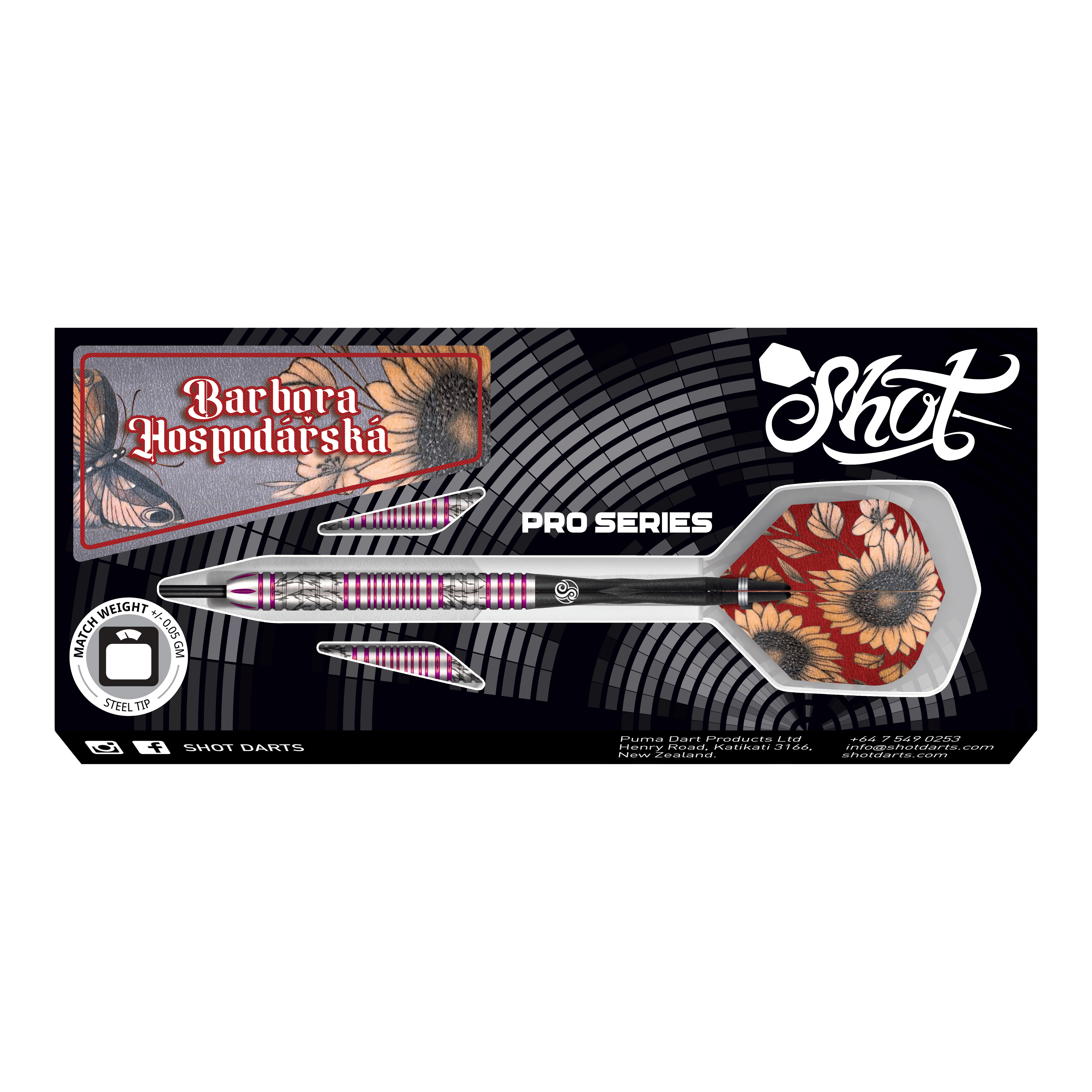 Das Bild zeigt das Produkt "Shot Pro Series Barora Hospodarska Steeldarts - 23g". Die Darts haben ein auffälliges Design mit Blumenmuster und sind für professionelle Spieler geeignet.