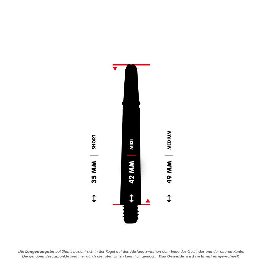 _Harrows_Carbon_360_Shafts_5_42mmBd4fkHYc96FKf Das Bild zeigt eine schwarze Dart-Schafte mit Längenangaben in Millimetern. Die mittlere Länge „MIDI“ beträgt 42 mm und ist zwischen „SHORT“ (35 mm) und „MEDIUM“ (49 mm) eingeordnet.