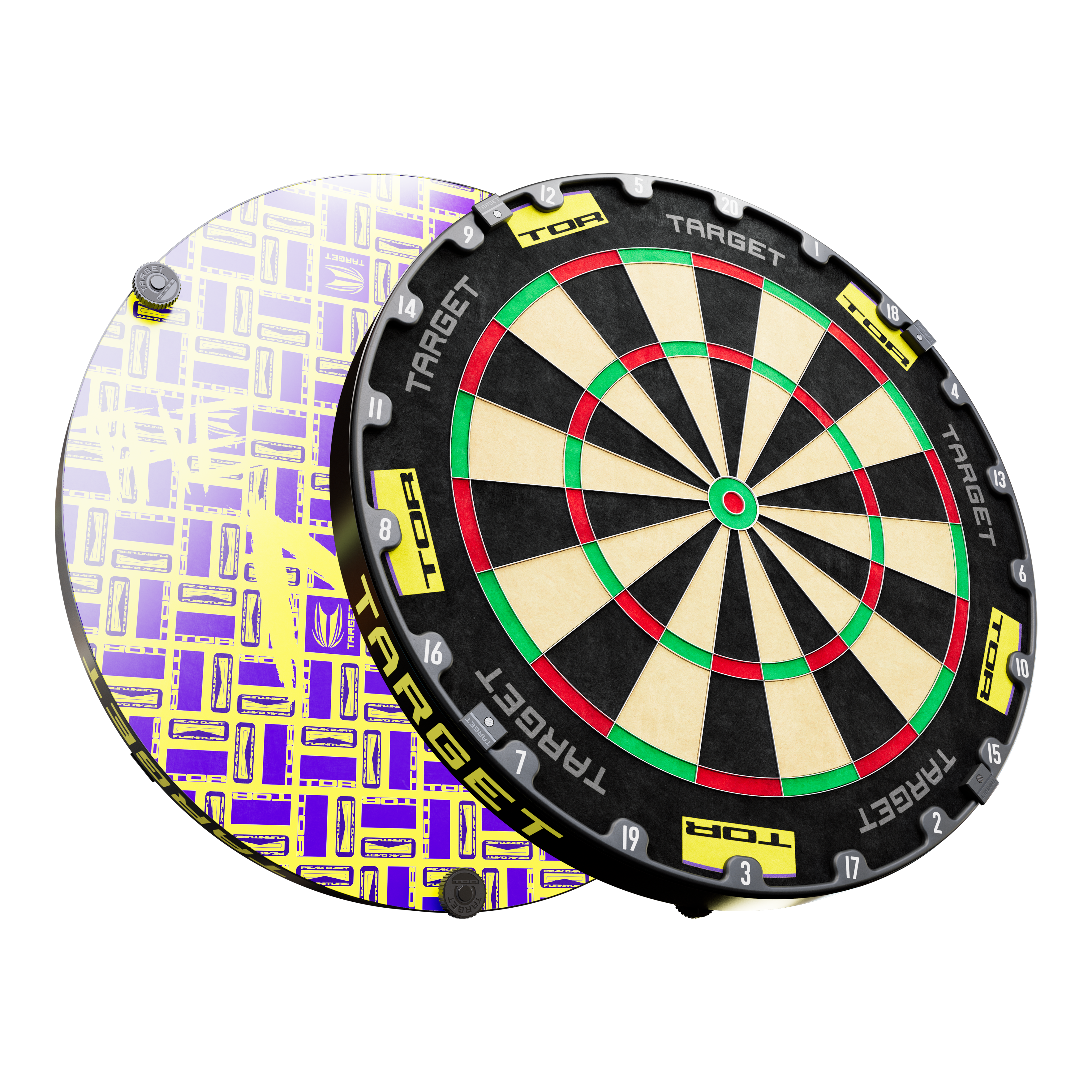 Auf dem Bild ist ein Steeldartboard-Bundle mit einer schwarzen und gelben Umrandung zu sehen. Im Hintergrund erkennt man eine auffällige, lila-gelbe Motivscheibe mit grafischem Muster.