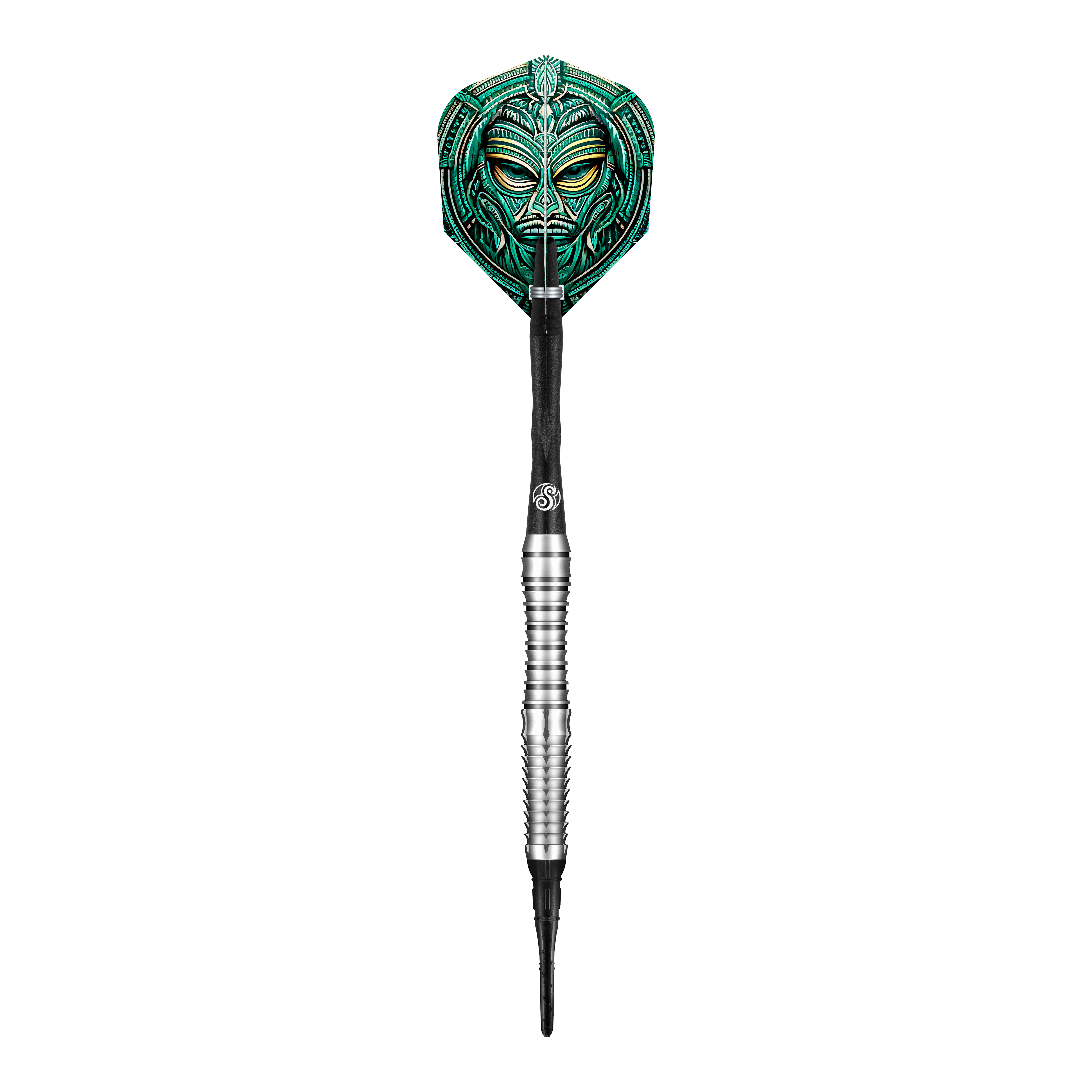 Shot Tribal Weapon Toki soft darts Das Bild zeigt einen Shot Tribal Weapon Toki Softdart. Die Dartflügel sind mit einem auffälligen, grünen Stammesdesign verziert.