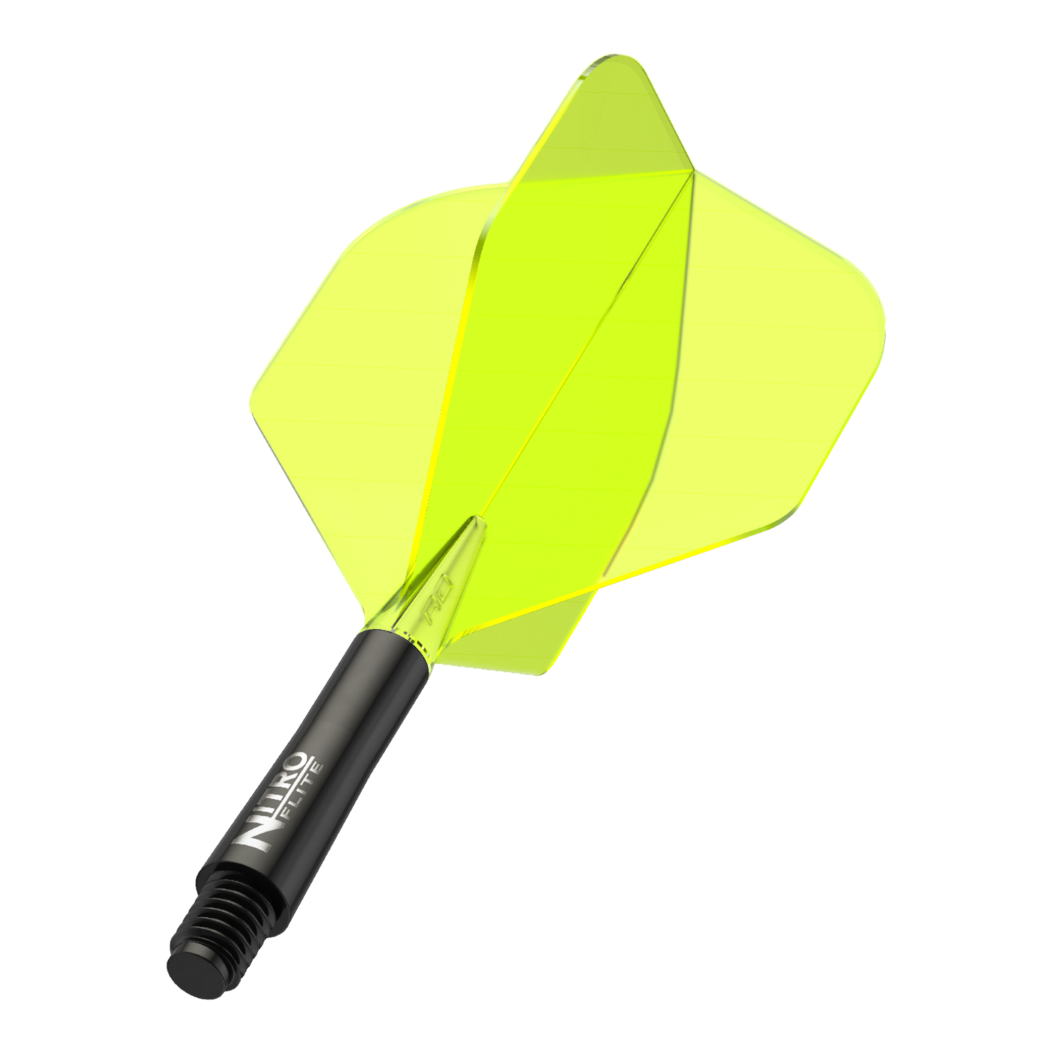 Das Bild zeigt ein Dart-Flügel-Set mit einem leuchtend gelben Flight und schwarzem Schaft. Auf dem Schaft steht der Schriftzug "Nitro Flite".