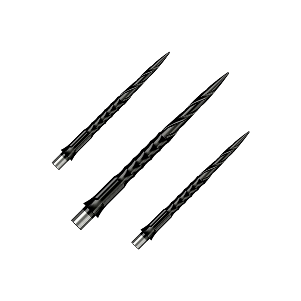Gezeigt wird ein Set von Steeldartspitzen Caliburn Evo System Spiro NoLip Black, 36mm. Die Spitzen sind für Steeldarts geeignet und schwarz gefärbt.