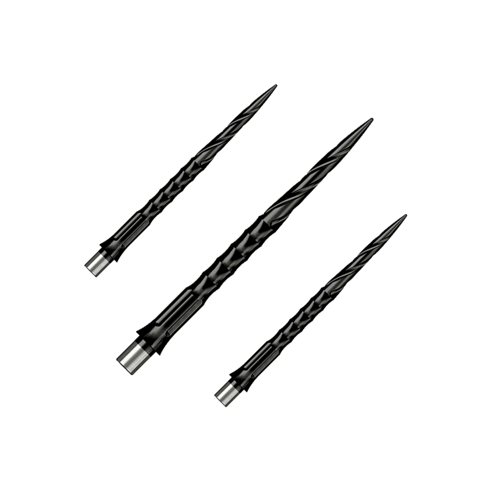 Caliburn System steel dart tips - Spiro - No Lip - Black Gezeigt wird ein Set von Steeldartspitzen Caliburn Evo System Spiro NoLip Black, 36mm. Die Spitzen sind für Steeldarts geeignet und schwarz gefärbt.