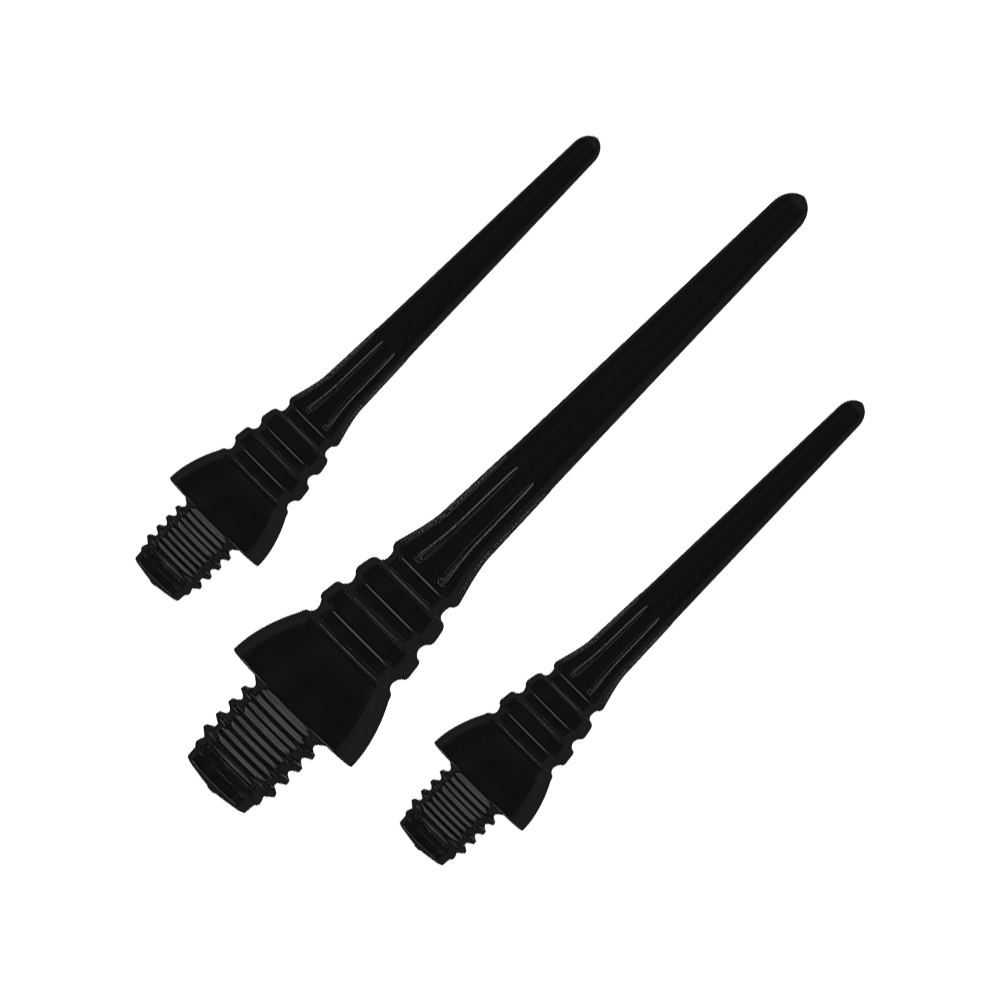 Winmau Triton Softtip Points Softdartspitzen (50-er Pack) Auf dem Bild sind drei schwarze Softdartspitzen zu sehen. Sie liegen nebeneinander und haben ein Gewinde am unteren Ende.