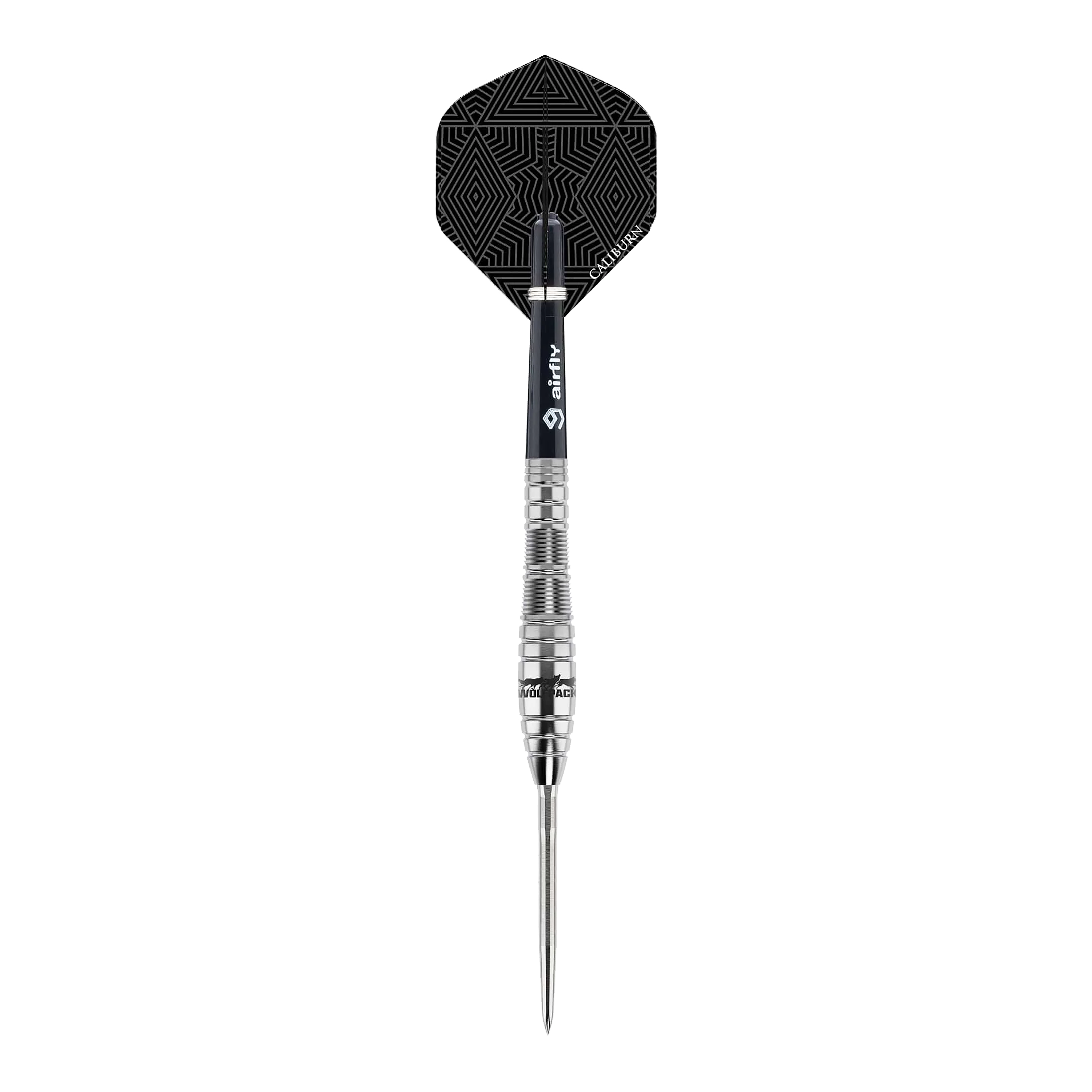 Caliburn Wolfpack W2 steel darts - 22g Dies ist ein Steeldart des Produkts "Caliburn Wolfpack W2" mit einem Gewicht von 22g. Der Dart hat ein silbernes Barrel und einen schwarzen Flight mit geometrischem Muster.