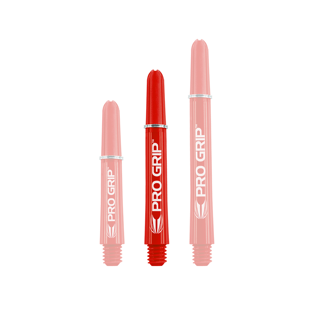 Target Pro Grip Shafts - 3 Sets - Red Das Bild zeigt drei rote "Pro Grip" Shafts für Dartpfeile in unterschiedlichen Längen. Alle drei Shafts haben die weiße Aufschrift "PRO GRIP" und ein Logo.