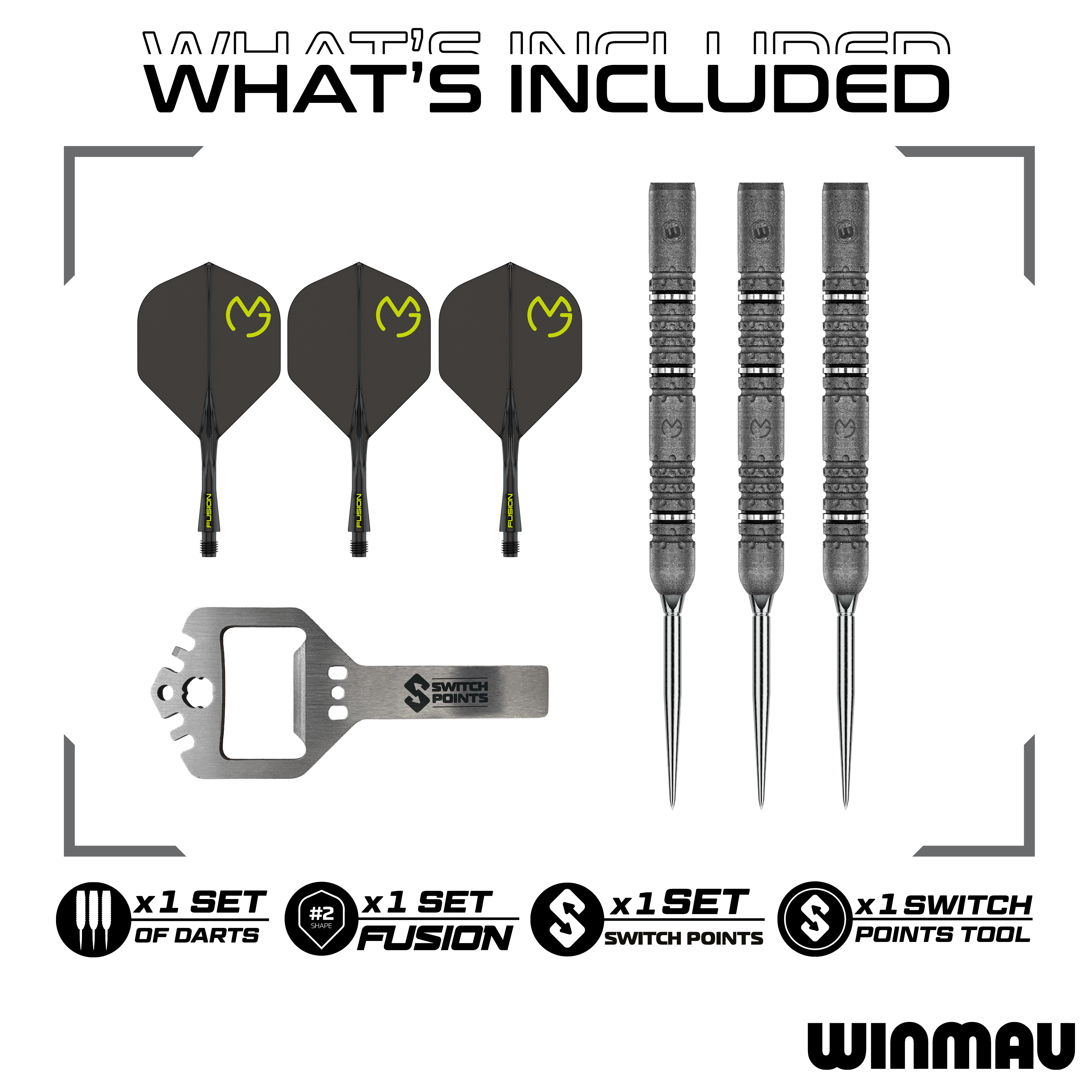 Das Produkt ist die Winmau MvG Signature Edition Switch Points Steeldarts. Diese Steeldarts sind für Präzision und Qualität bekannt.