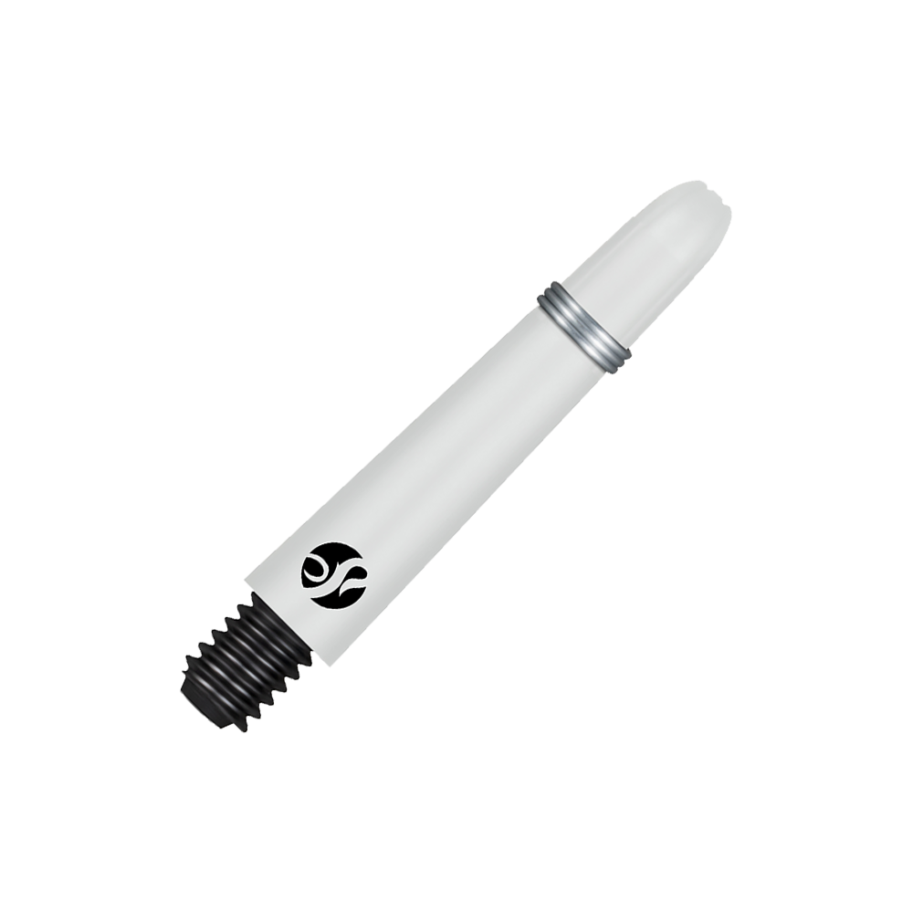 Shot Koi Carbon Shafts - White Das Bild zeigt einen weißen Carbon-Schraubschaft mit einem schwarzen Gewinde. Auf dem Schaft ist ein kleines schwarzes Logo zu sehen.