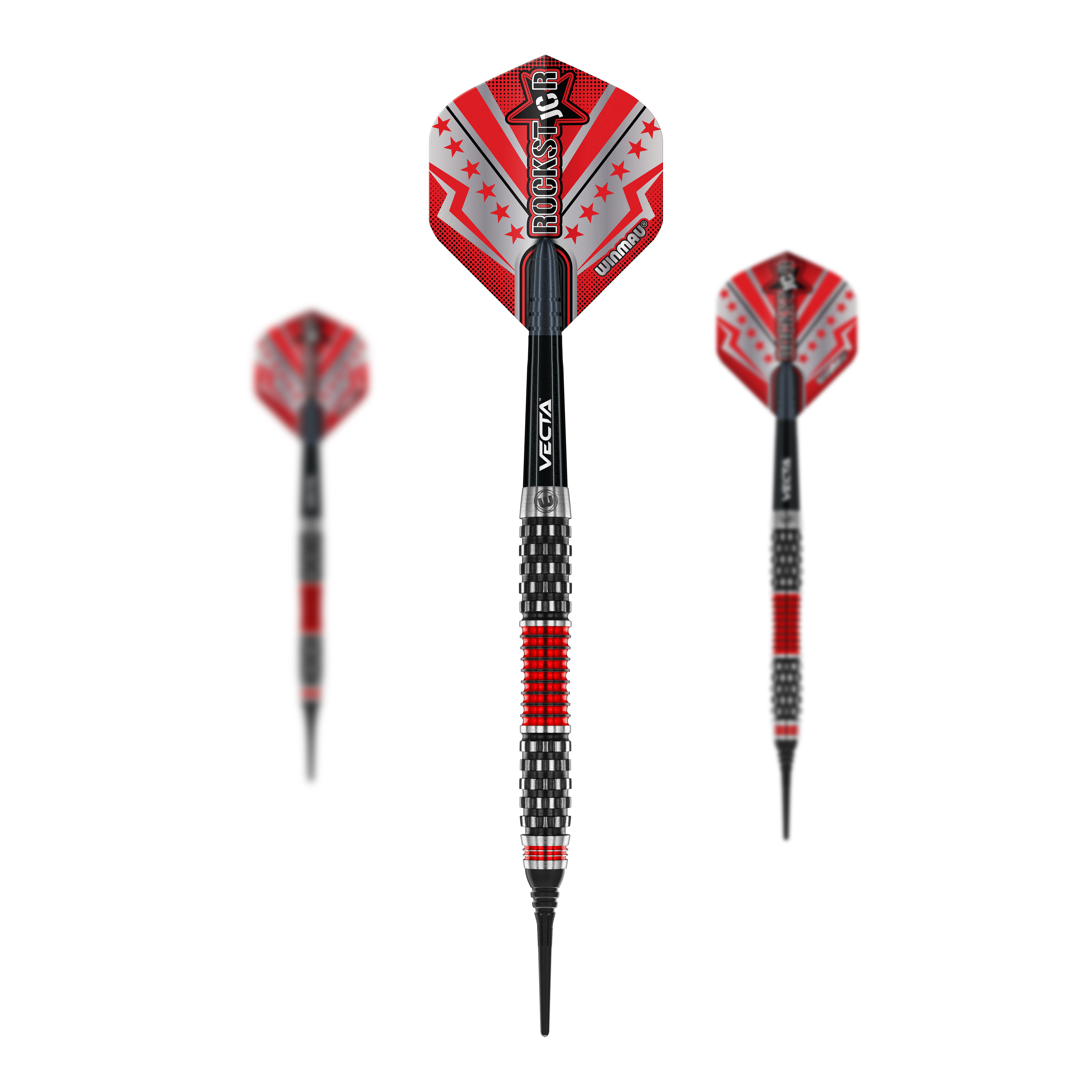 Winmau Joe Cullen Rockstar Series RS1 Soft Darts - 20g Das Bild zeigt drei Softdarts der Marke Winmau aus der Joe Cullen Rockstar Series RS1 mit einem Gewicht von 20g. Die Darts sind überwiegend in den Farben Schwarz und Rot gestaltet und haben auffällige Flights mit dem Schriftzug "Rockstar".