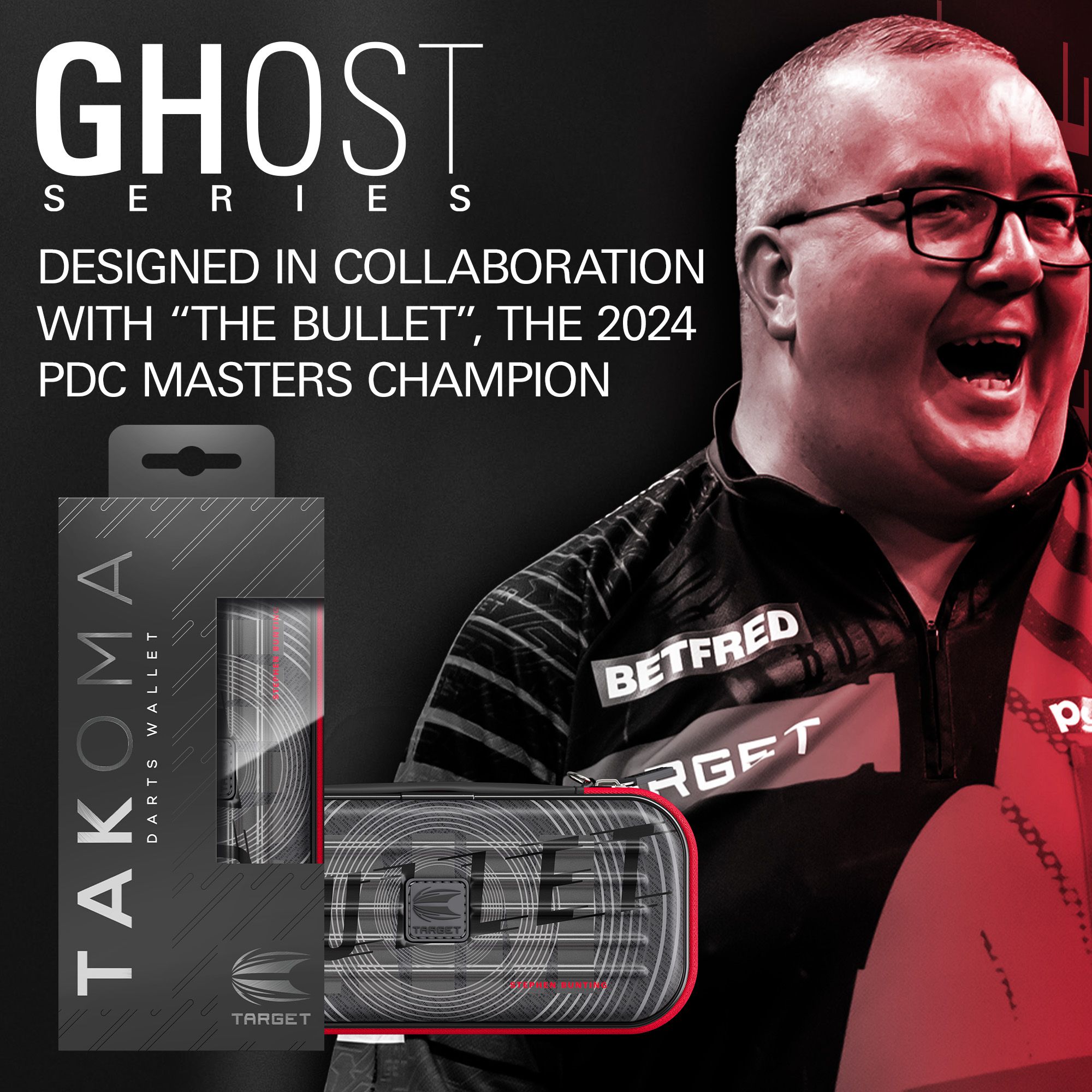 Dieses Bild stellt das Takoma Ghost Series Stephen Bunting Dartcase dar. Es ist ein hochwertiges Dartcase aus einer speziellen Serie.