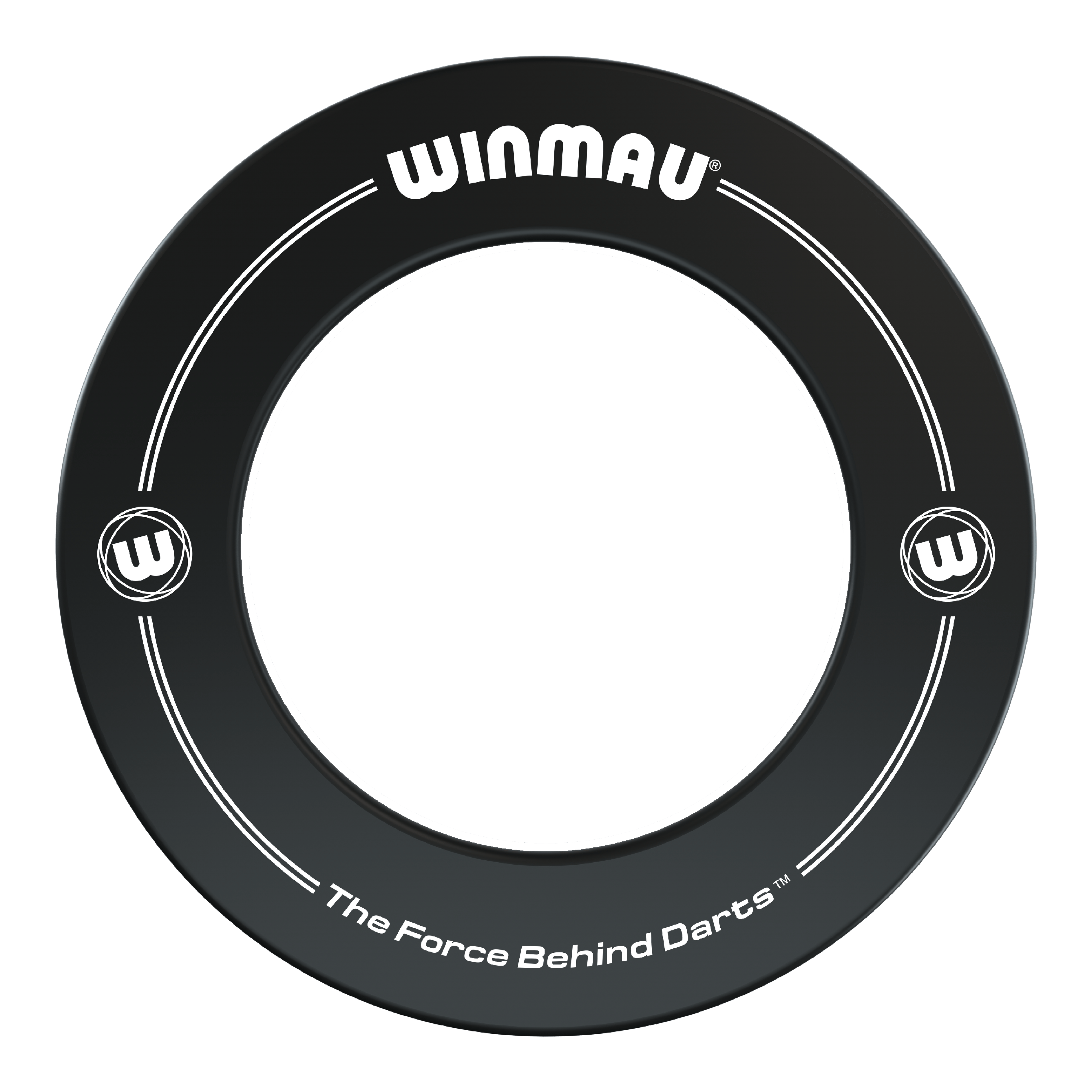 Winmau Dartboard Surround 2022 Auf dem Bild ist ein schwarzer Dartboard-Surround der Marke Winmau zu sehen. Auf dem Surround steht der Slogan „The Force Behind Darts“.