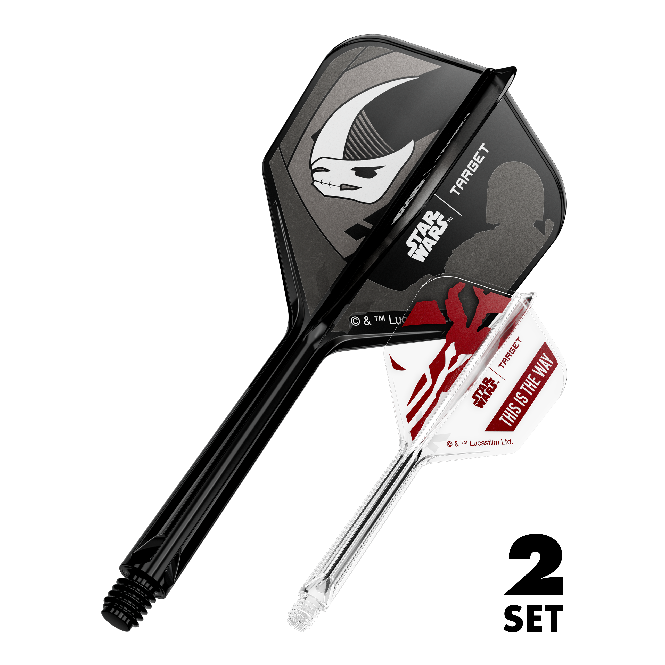 Das Bild zeigt den Artikel '410625_Target_StarWars_K-Flex_Mandalorian_2PackSet_No6_Flights_33mm_1'. Es handelt sich wahrscheinlich um Dart-Flights mit Star Wars Mandalorian Motiv.