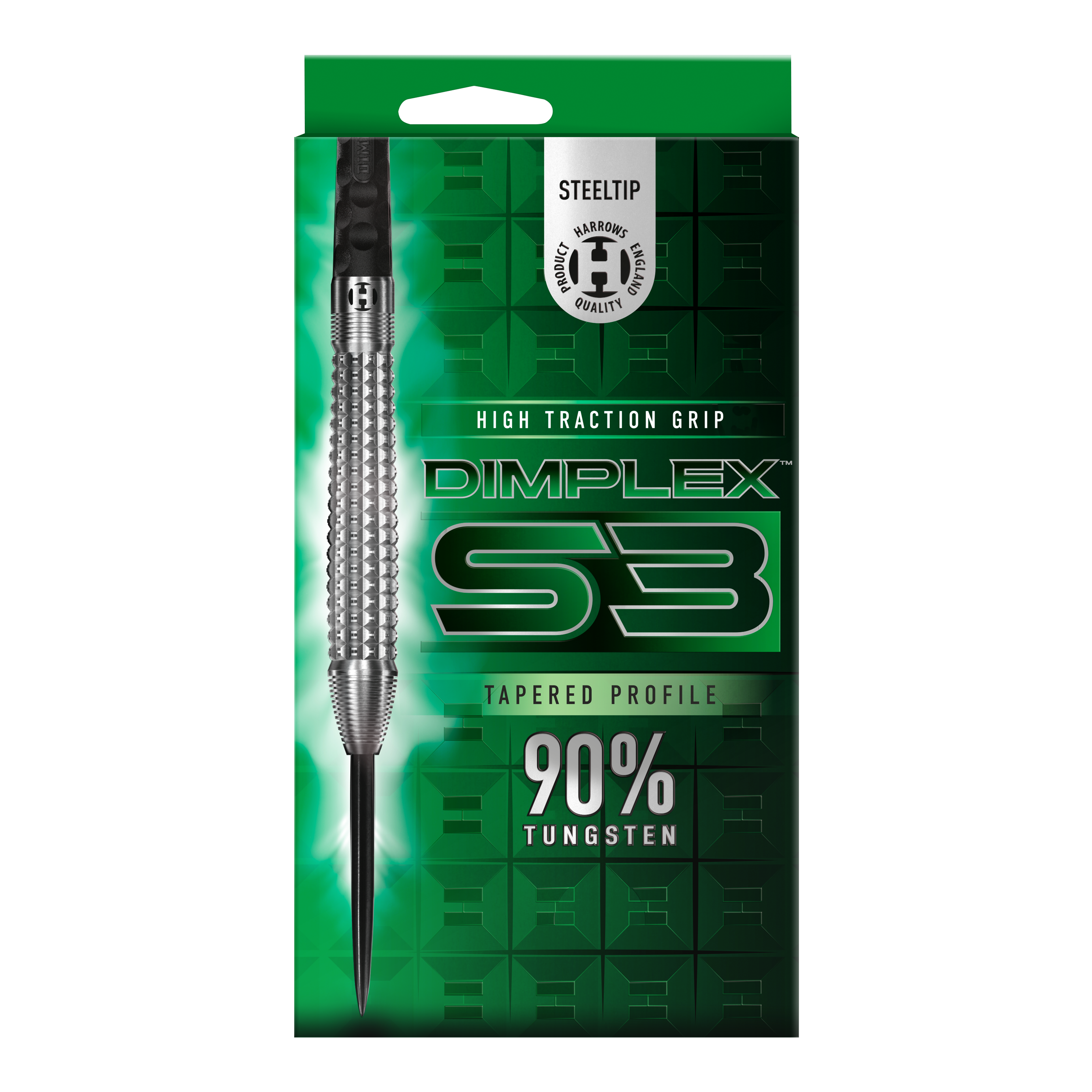 Harrows Dimplex S3 Tapered Steel Darts Das Bild zeigt die Verpackung der "Harrows Dimplex S3 Tapered Steeldarts". Die Verpackung ist grün und hebt den hohen Wolframanteil von 90% sowie den hohen Grip hervor.