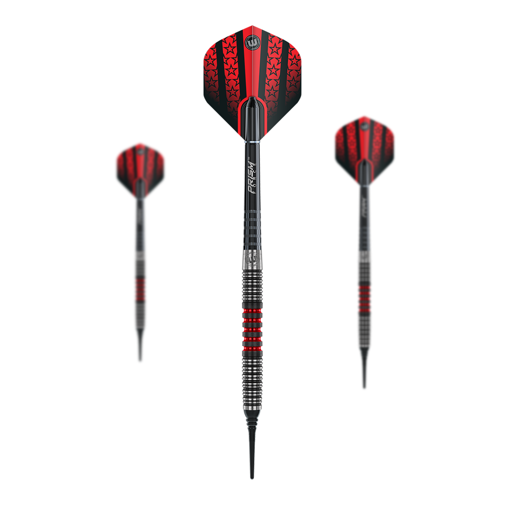 Winmau Joe Cullen soft darts Das Bild zeigt drei Winmau Joe Cullen Softdarts mit roten und schwarzen Flights. Die Darts haben einen silbernen Schaft mit roten Akzenten und eine schwarze Spitze.